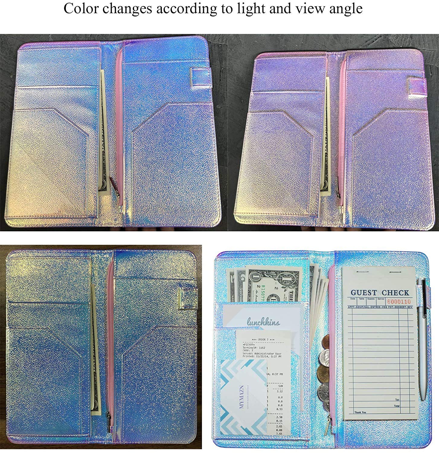 Zreal Server Book for Waitress with Zipper Pocket, 5 X 9 Serving Book, Magnetic Closure Pocket with Big Volume, Pen Holder for Waiter Server Wallet Fit Waitress Apron (Iridescent B) thumbnail