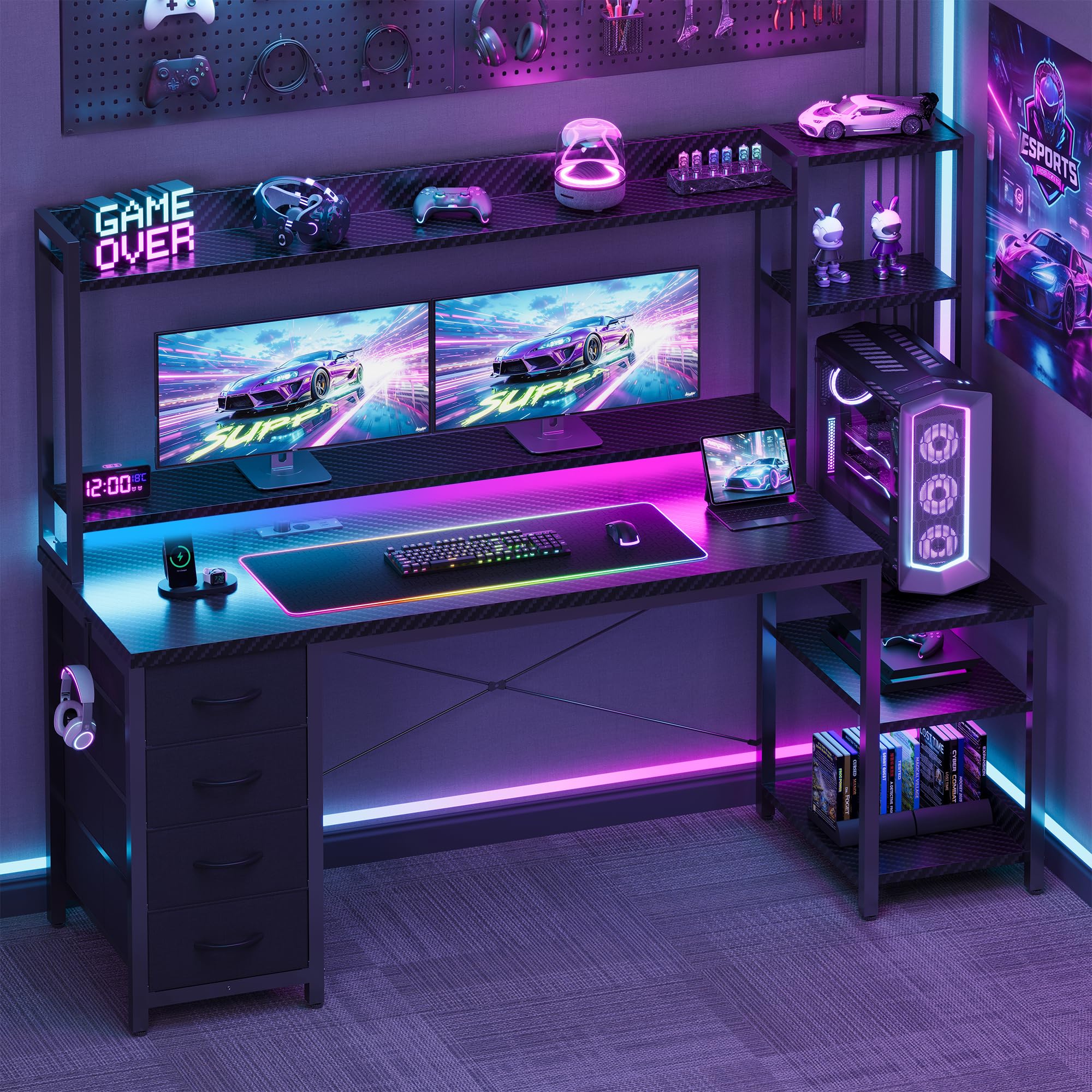 YOUDENOVA Scrivania da gioco con cassetti e ripiano, 150 x 48 cm, tavolo da gaming con LED, presa e USB, scrivania per computer con supporto per monitor, ripiani e supporto per cuffie, fibra di