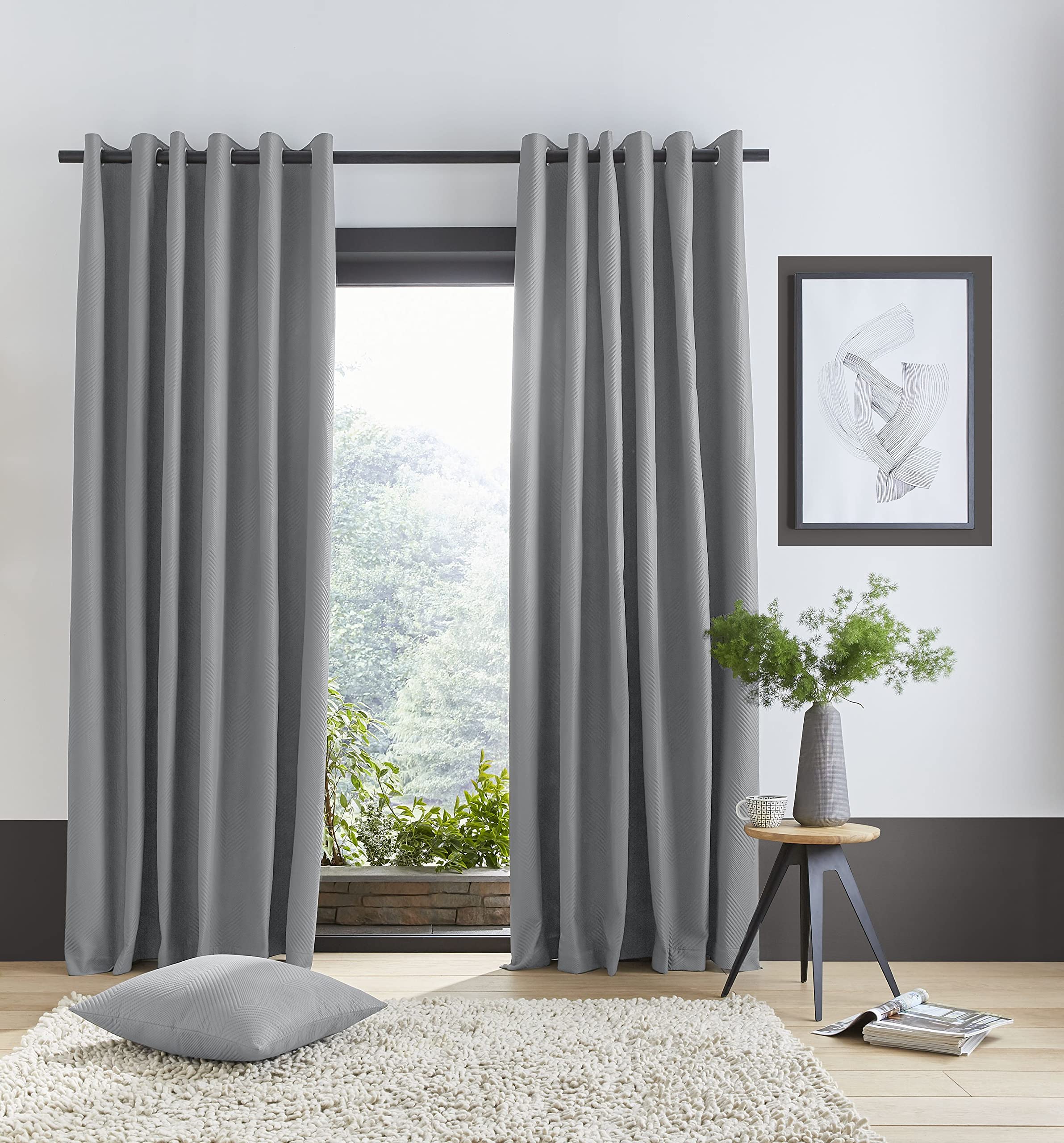 Catherine Lansfield Silver Pinsonic Chevron Thermal Eyelet 90X90 Inch Curtains
