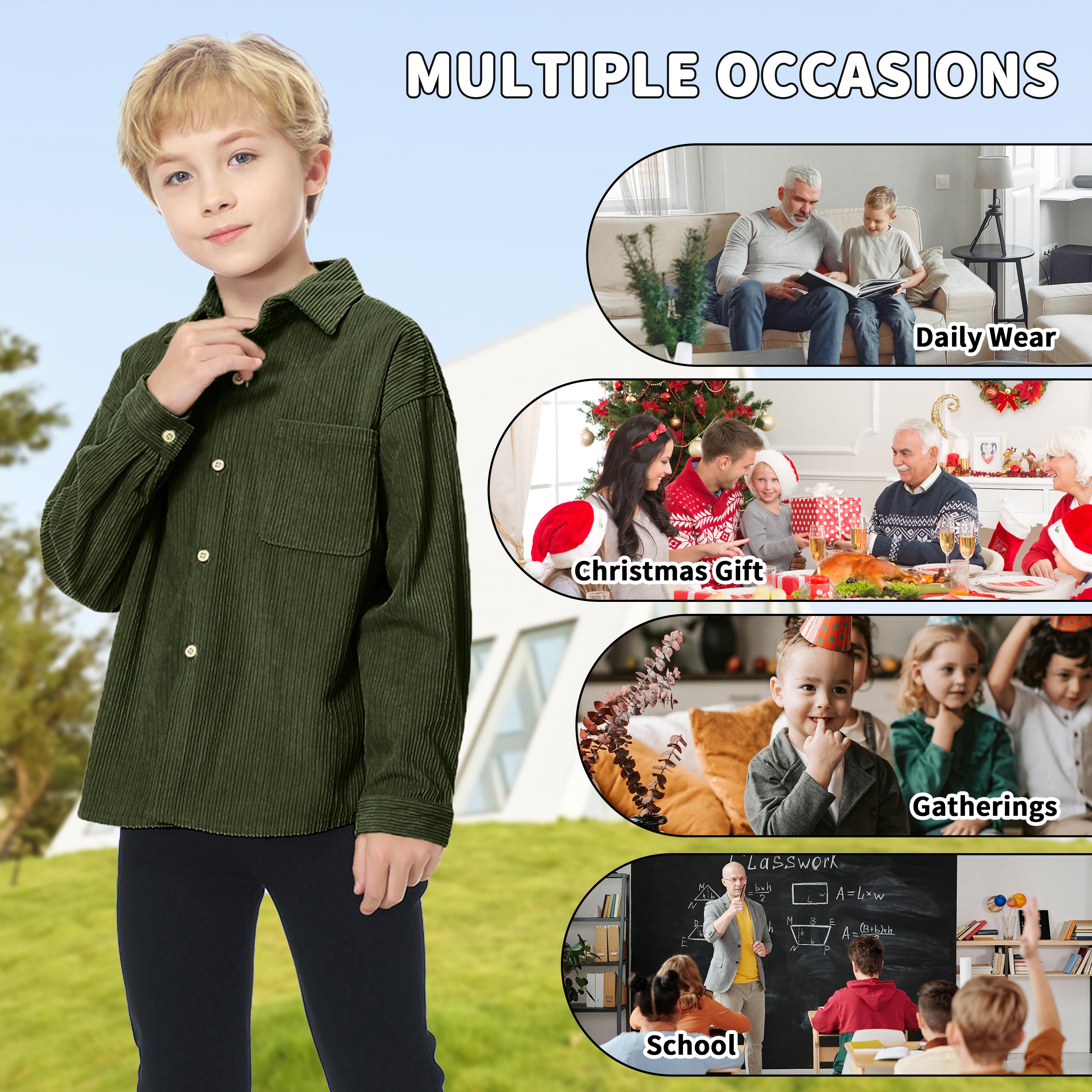 LOLANTA Camisas de pana para niños con botones occidentales con bolsillo, manga larga, solapa sólida