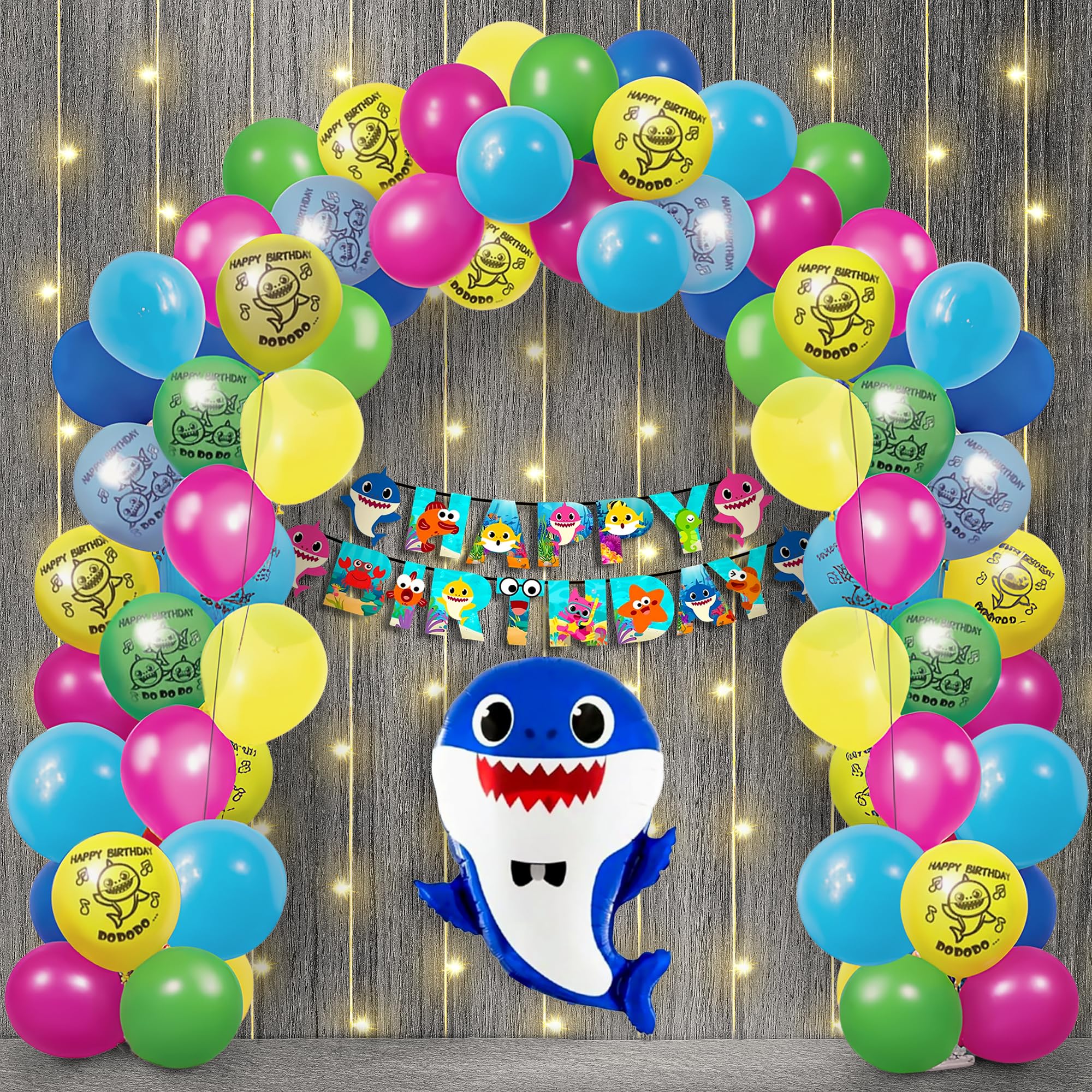 Party Propz Baby Shark Theme Birthday Decorations -45Pcs Combo Set - Happy birthday Banner (cardstock), Balloons, Foil Balloon, Fairy Lights - Baby Shark Party Supplies for - Kids Theme Multi color