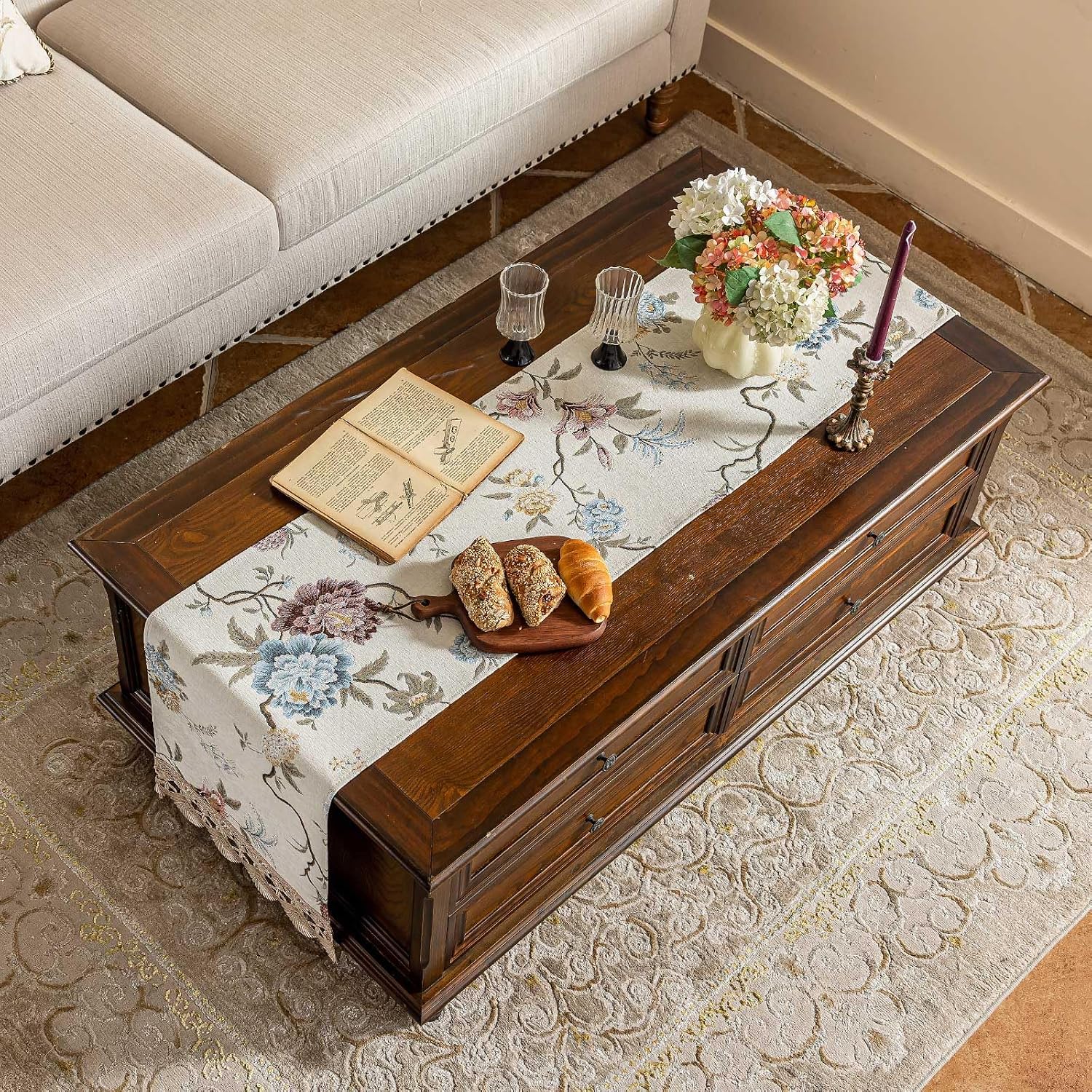 Floral Embroidered Dresser Runner 63x13.8 Inch Non-Slip Chenille, Beige | 3D floral embroidery,heavyweight chenille,silicone non-slip,lace trim,handmade,dresser runner coffee table runner living room