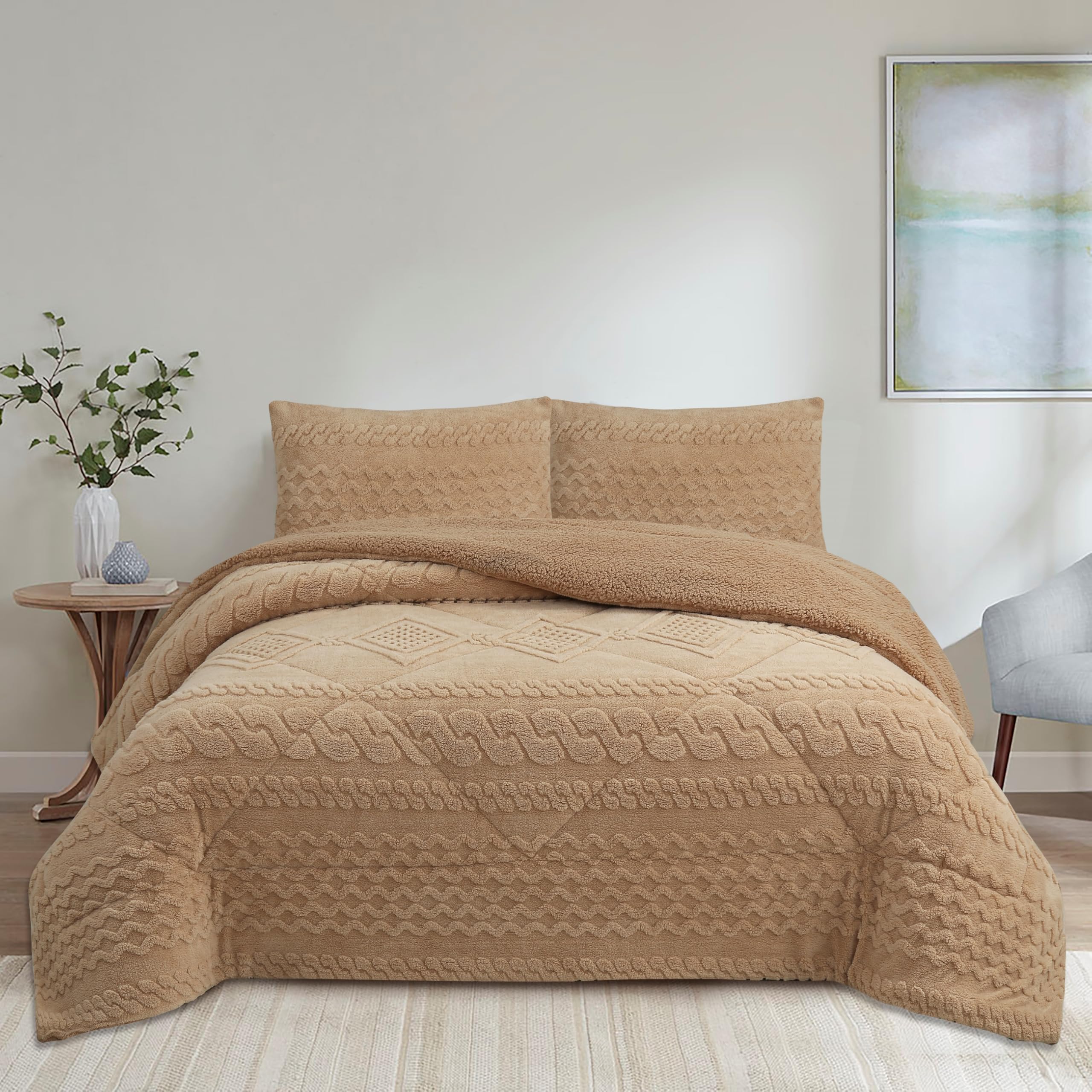 NH NOVOTEXTIL HOGAR Edredón Invierno Sherpa Cama 135 (230x260) Extra Grueso 560gr/m2 Efecto Borreguito - Edredón Suave, Cálido y Transpirable con 2 Fundas Almohada (50x70) (Jarkov Beige)