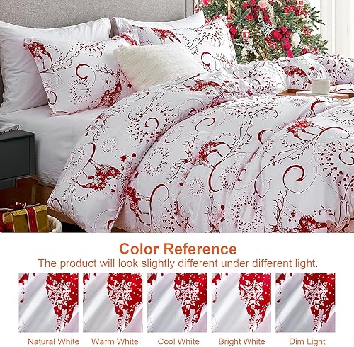 Miniatura 6 de EHEYCIGA Juego de funda de edredón navideña, tamaño queen, juego de funda de edredón decorativo, color blanco con reno rojo de Navidad y ramas de