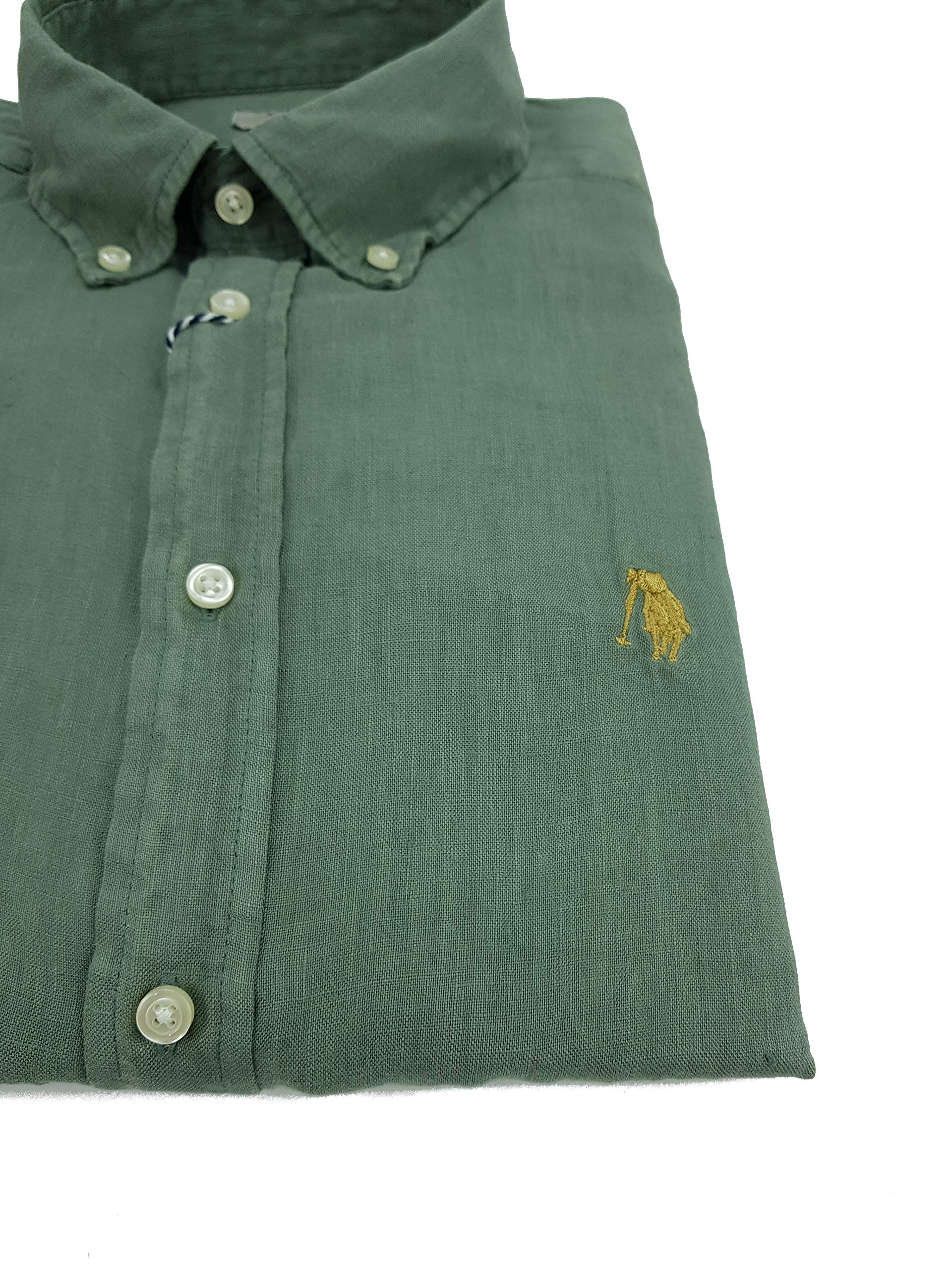 Camisa de hombre de manga larga, 100% puro lino, tallas fuertes, botón Down, color liso, 4XL, 5XL, 6XL Verde 5X-Large
