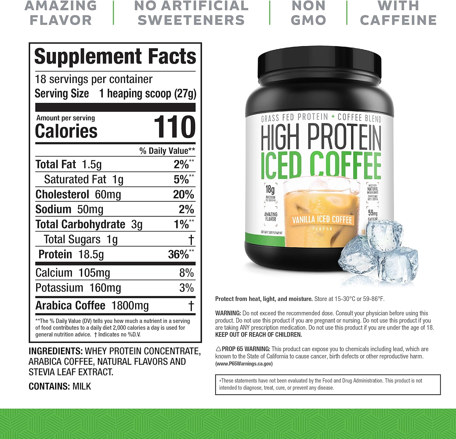 Iced Coffee, High Protein Coffee Keto Friendly, 18g of Protein, 2g Carbs, Natural Ingredients (18 Servings, Vanilla Latte)
