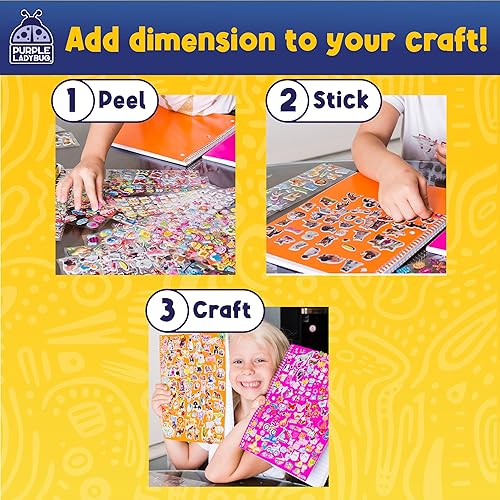 Miniatura 5 de Purple Ladybug 1900+ colección de calcomanías hinchadas para niños de 4 a 8 años - 80 hojas únicas reutilizables, diseños 3D creativos - calcomanías