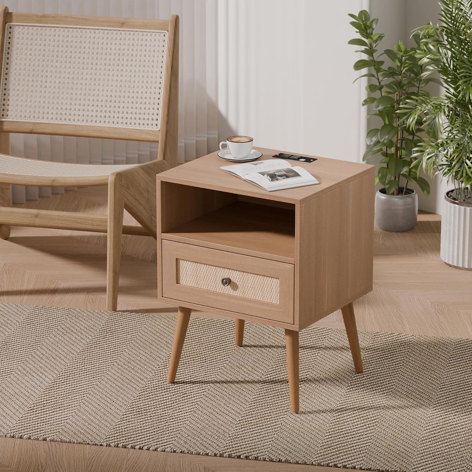 Modern Rattan Nightstand, Wicker Rattan Stand with Drawer and Charge Station, Wooden Bedside Table for Small Spaces, Natural Wood Side Table for Bedroom (with Charging Station, 2)
