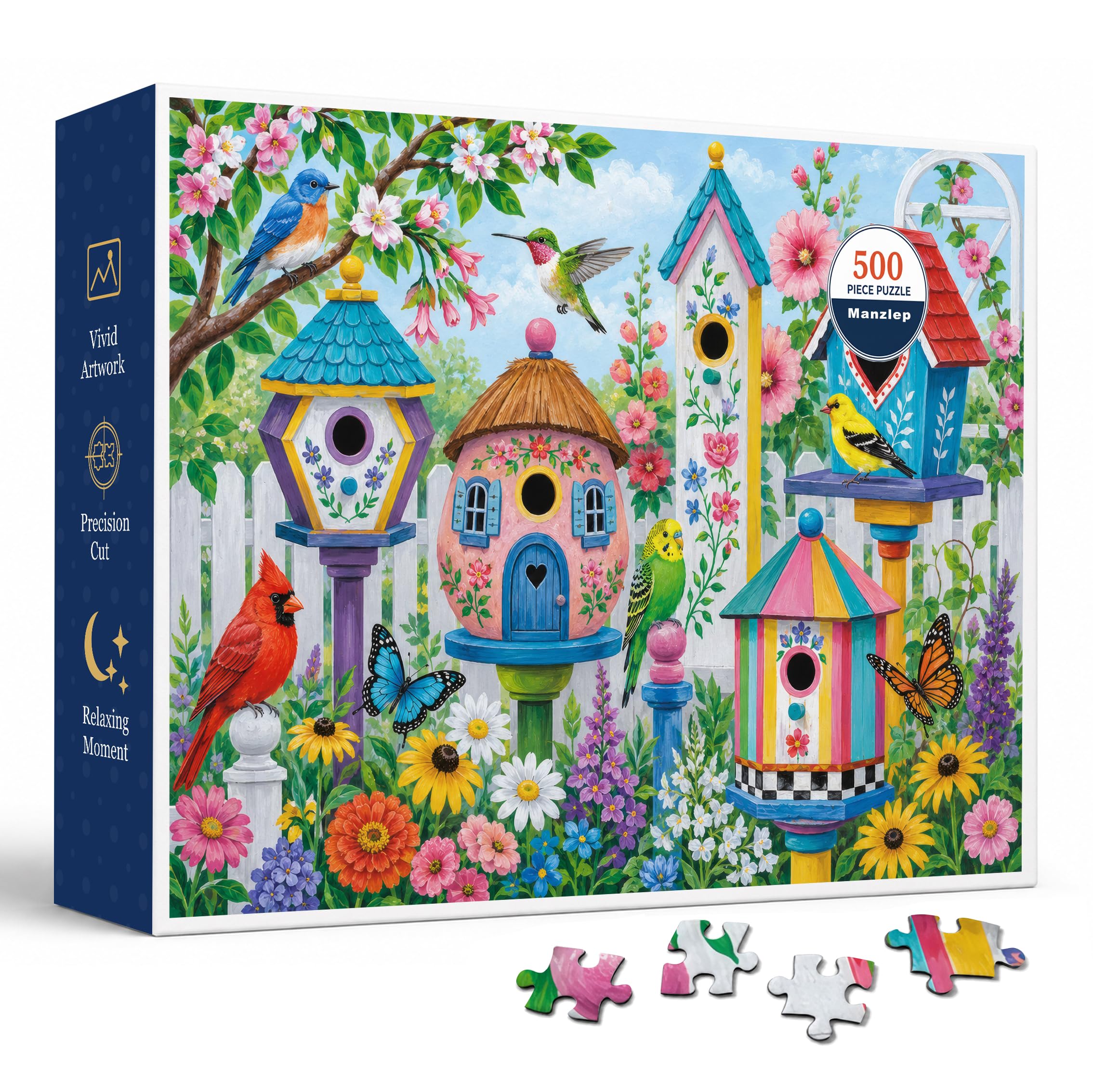 Whimsical Garden Birdhouses 500 Piece Jigsaw Puzzle for Adults, Colorful Spring Floral Yard Scene with Songbirds, Butterflies, White Fence, Bright Painted Houses and Included Poster, 20.5 x 15 in