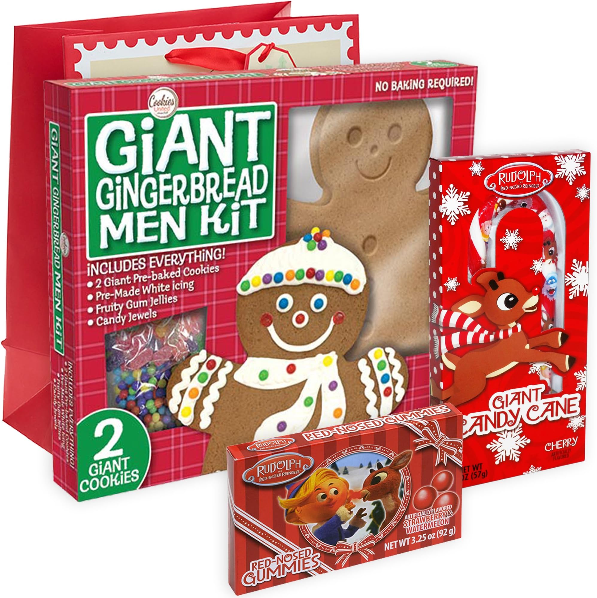 Giant Gingerbread Men Kit Pre-baked Cookies Everything included + Rudolph Red Nosed Reindeer Gummies Apple Strawberry & Blue Raspberry + Giant Candy Cane Cherry + Christmas Holiday Themed Gift Bag.