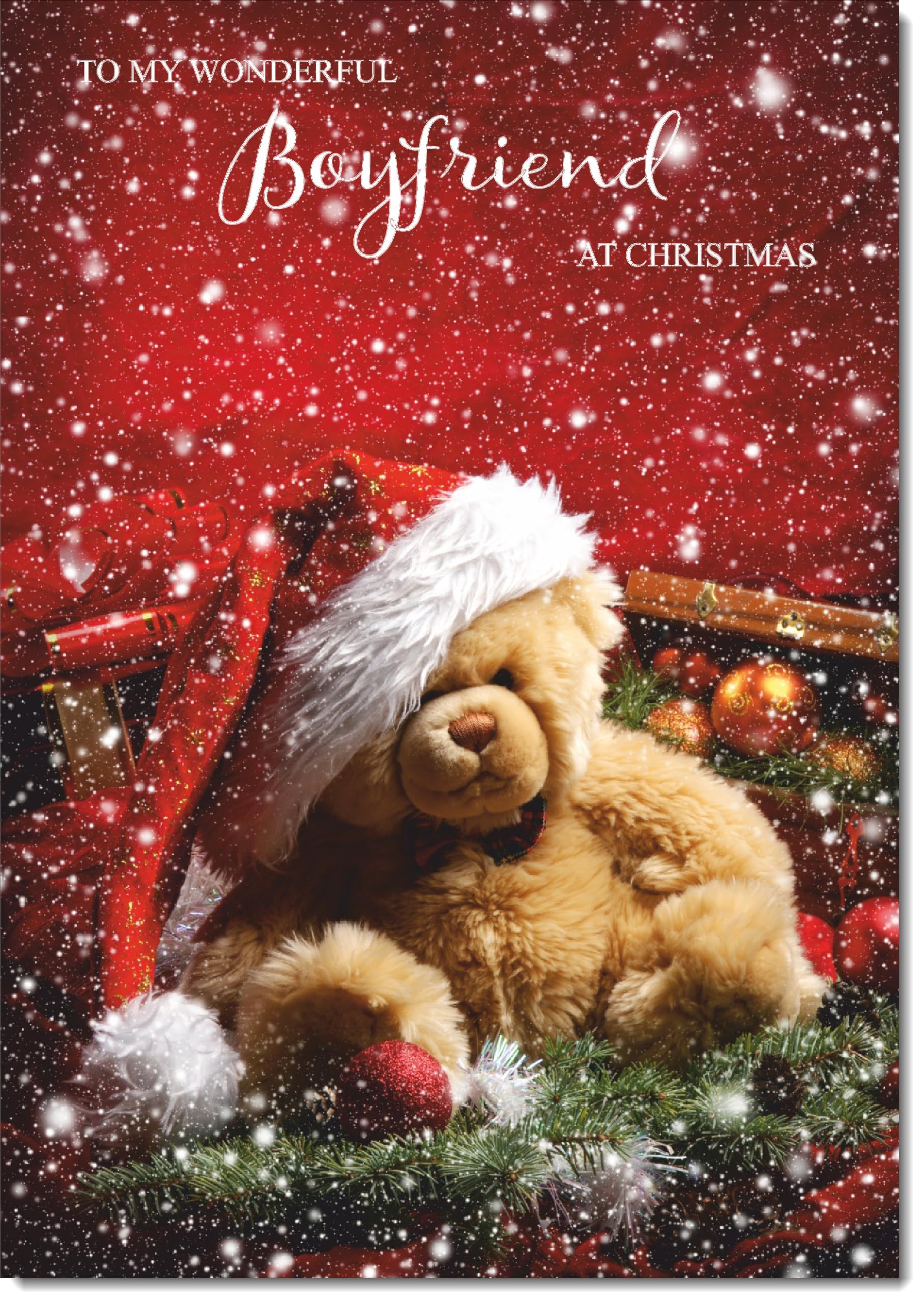 doodlecards Boyfriend Christmas Card Bear with Santa Hat Large A4 Size Christmas Card for Boyfriend with Plain Envelope