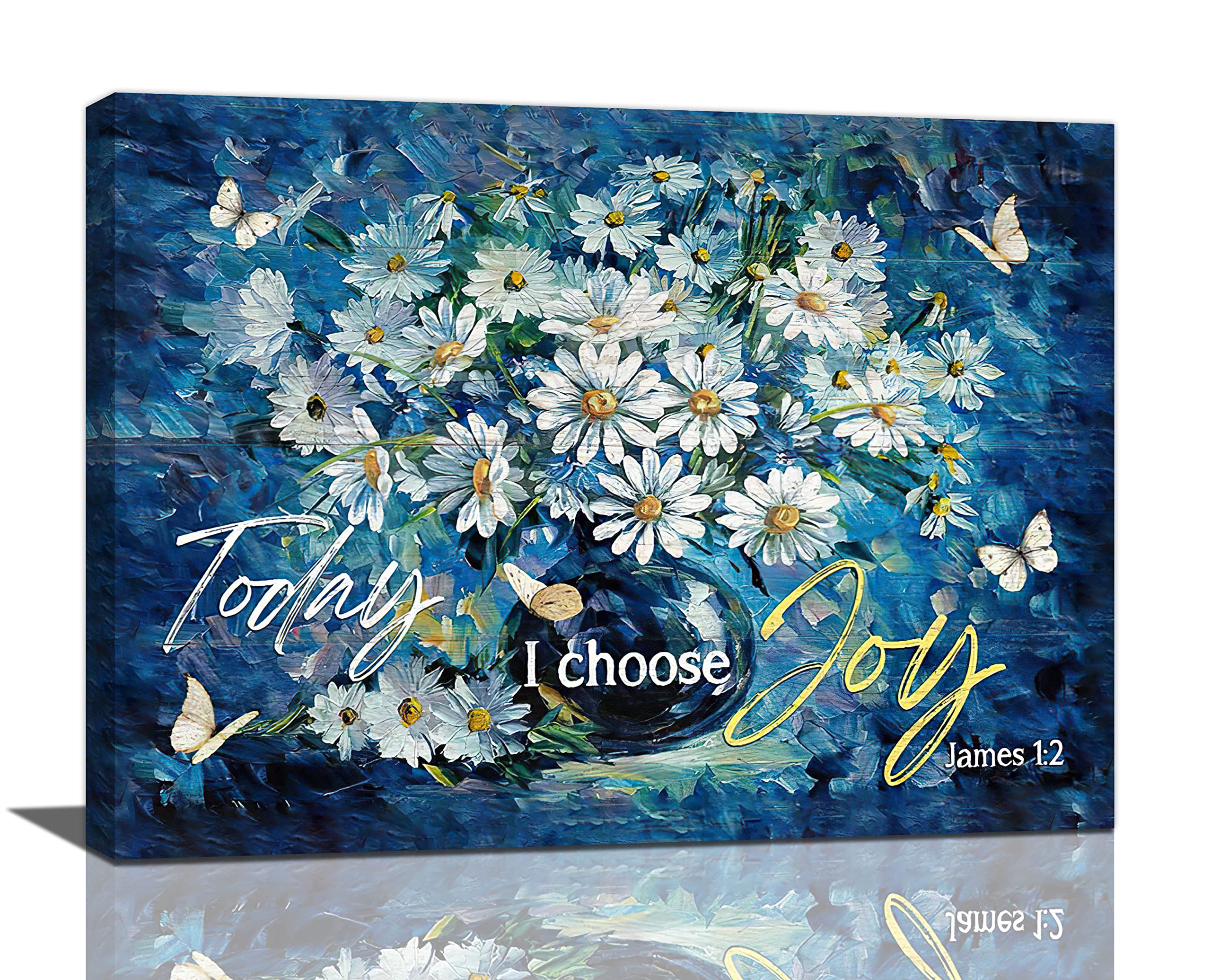 LMYSXAOZ Farmhouse Daisy Bathroom Decor Wall Art Rustic Floral Butterfly Today I Choose Joy Blue Pictures Canvas Painting Prints Artwork Home Decorations Framed for Bedroom Kitchen 16"x12"