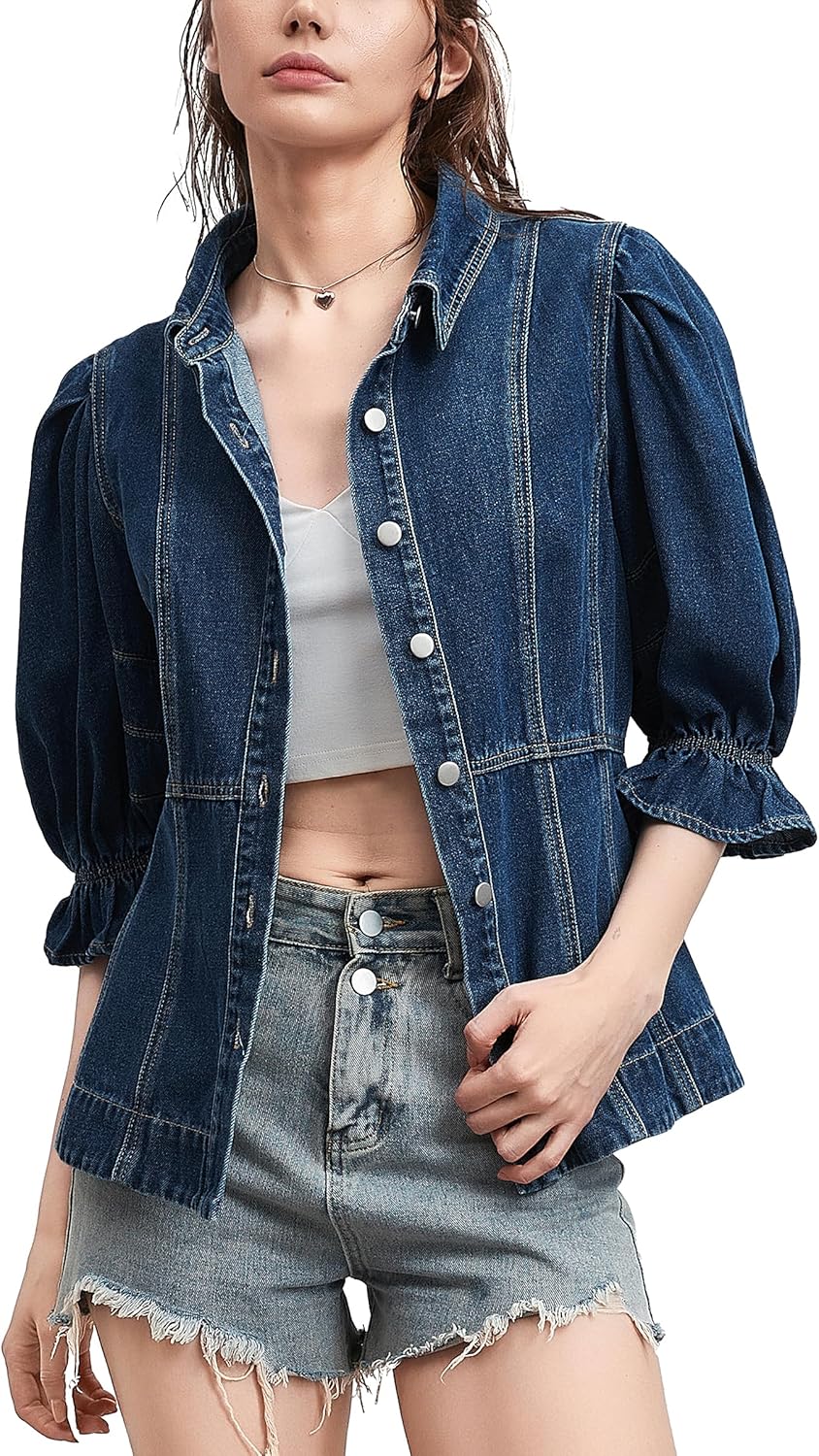 D-Sun Women Short Sleeves Denim Shirt V-Neck Puff Sleeve Button Down Jean Shirt Jacket Fashion Collared Denim Top Blouse