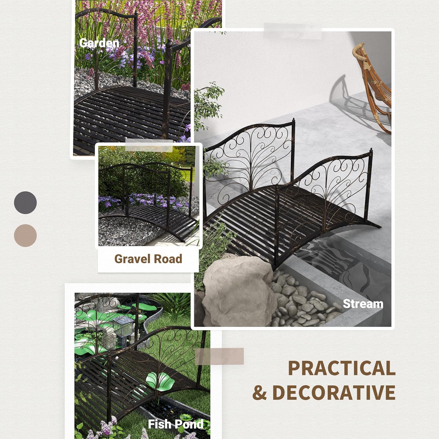 Outsunny 4’ Metal Arch Backyard Garden Bridge with Safety Siderails, Delicate Scrollwork, & Easy Assembly, Black Bronze