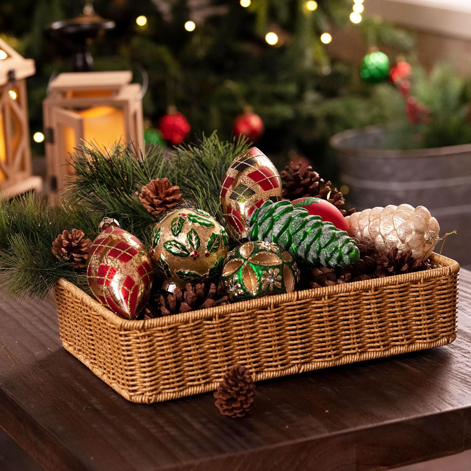 Valery Madelyn Glass Christmas Ornaments Set, 10ct Red Green and Gold Mercury Blown Glass Christmas Tree Ball Decorations, Traditional Country Xmas Hanging Teardrop Finial Bulk for Holiday Decor