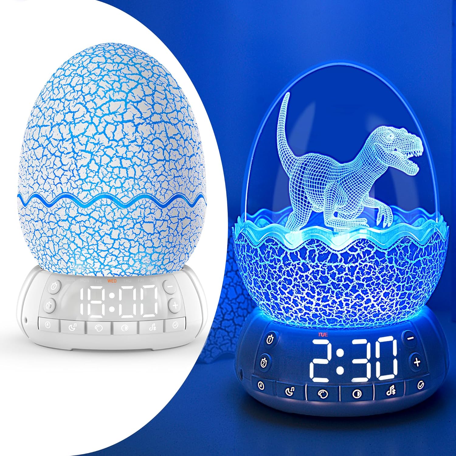 Dinosaur Egg Alarm Clock for Kids, Wake Up Light, Bluetooth Speaker, Sleep Training Clock with 20 Soothing Sounds & 8 Color LED Decor Night Light for Bedroom, Birthday Gift for Boys Girls Children
