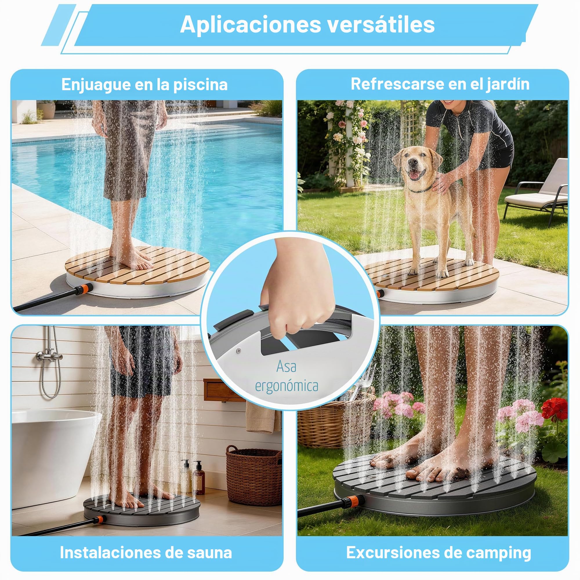 UISEBRT Ducha de jardín exterior de WPC y aluminio, ducha móvil de suelo, ducha solar, ducha de camping, altura de fuente ajustable hasta 4 m, para piscina, jardín, terraza (redonda – antracita)