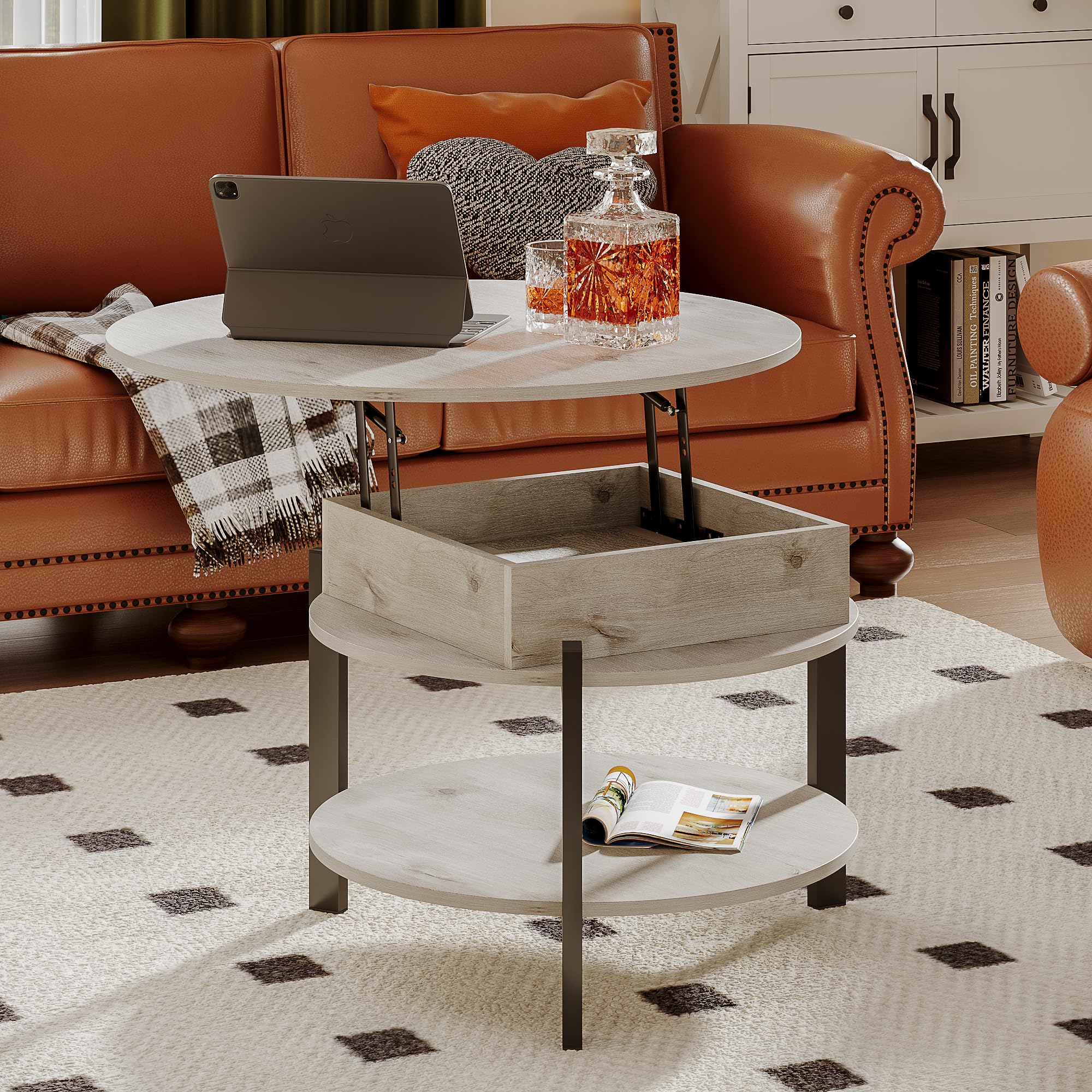 ChooChoo Round Coffee Table, Lift Top Coffee Table with Storage and Hidden Compartment, Small Coffee Table Dining Table for Living Room, Home Office, Grey