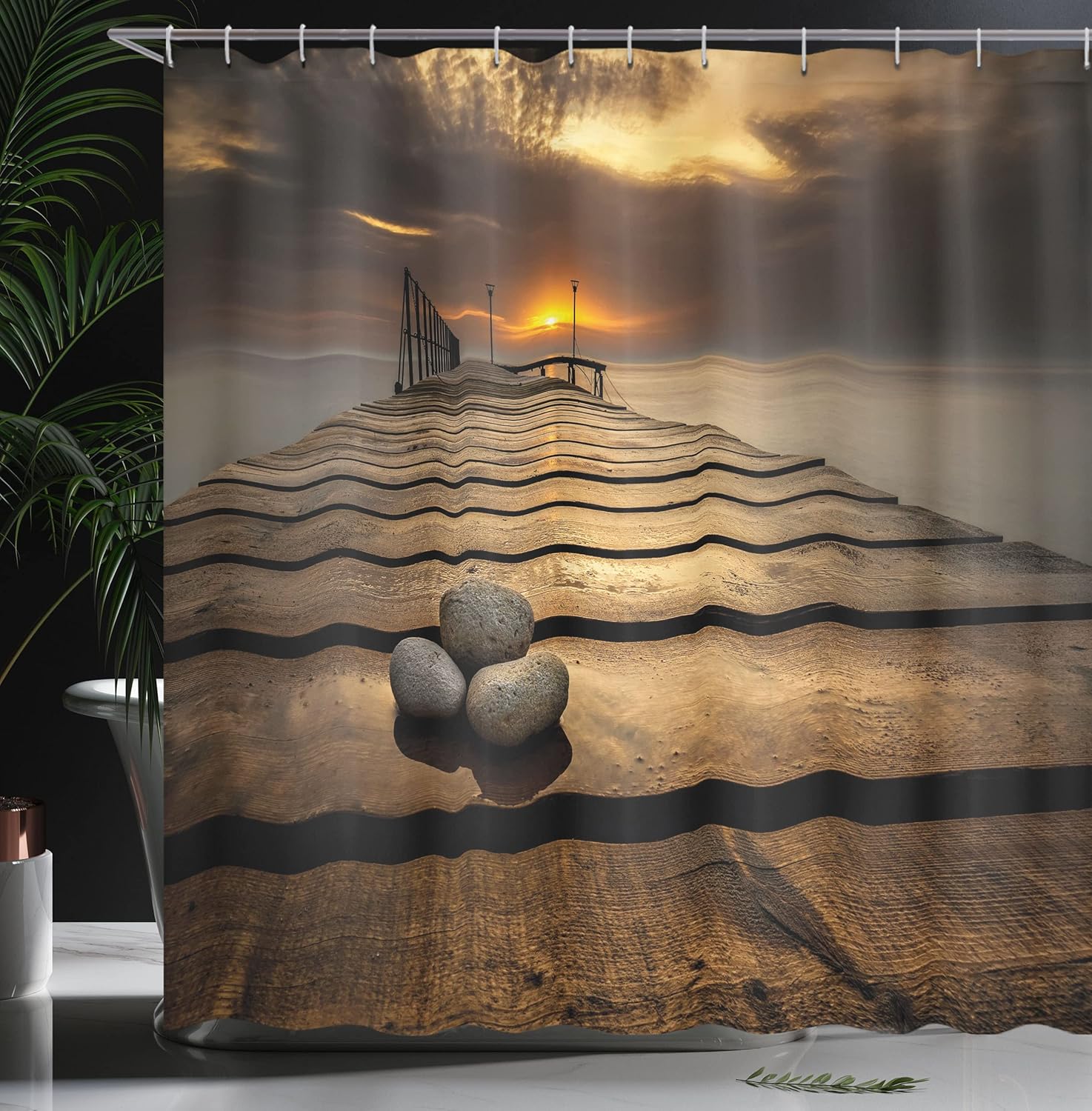 Ambesonne Ocean Shower Curtain, Black Sea at Dusk Sunrise Tranquil Scene Coastline with Wooden Pier Picture, Cloth Fabric Bathroom Decor Set with Hooks, 69" W x 70" L, Grey Brown