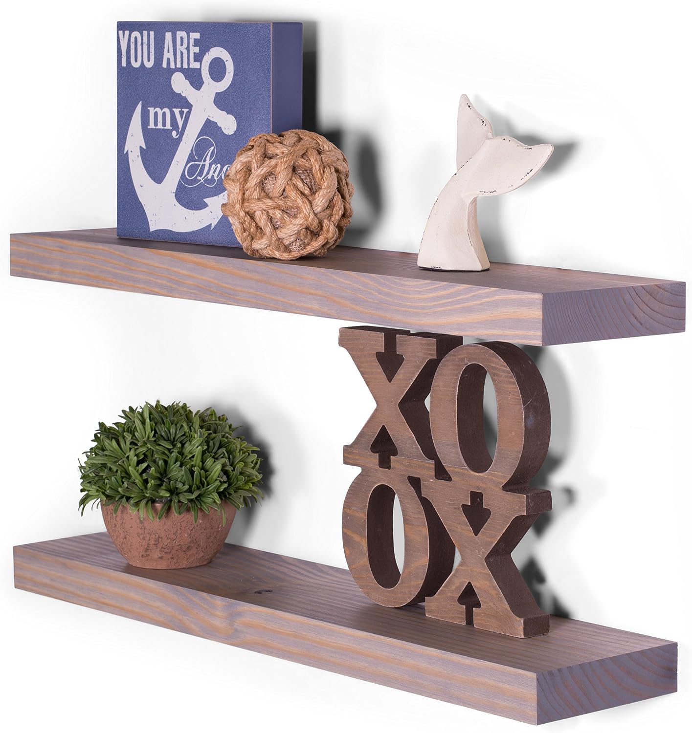 DAKODA LOVE 24" x 5.25" Clean Edge Solid Wood Floating Shelves | Premium Handmade Quality | Easy Hidden Bracket Wall Mount | Modern Rustic Pine | Set of 2 (Greige)