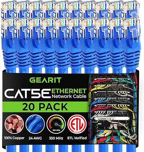 GearIT Paquete de 20 cables de conexión Ethernet Cat5e de 5 pies, cable de red LAN RJ45 sin enganches, color azul