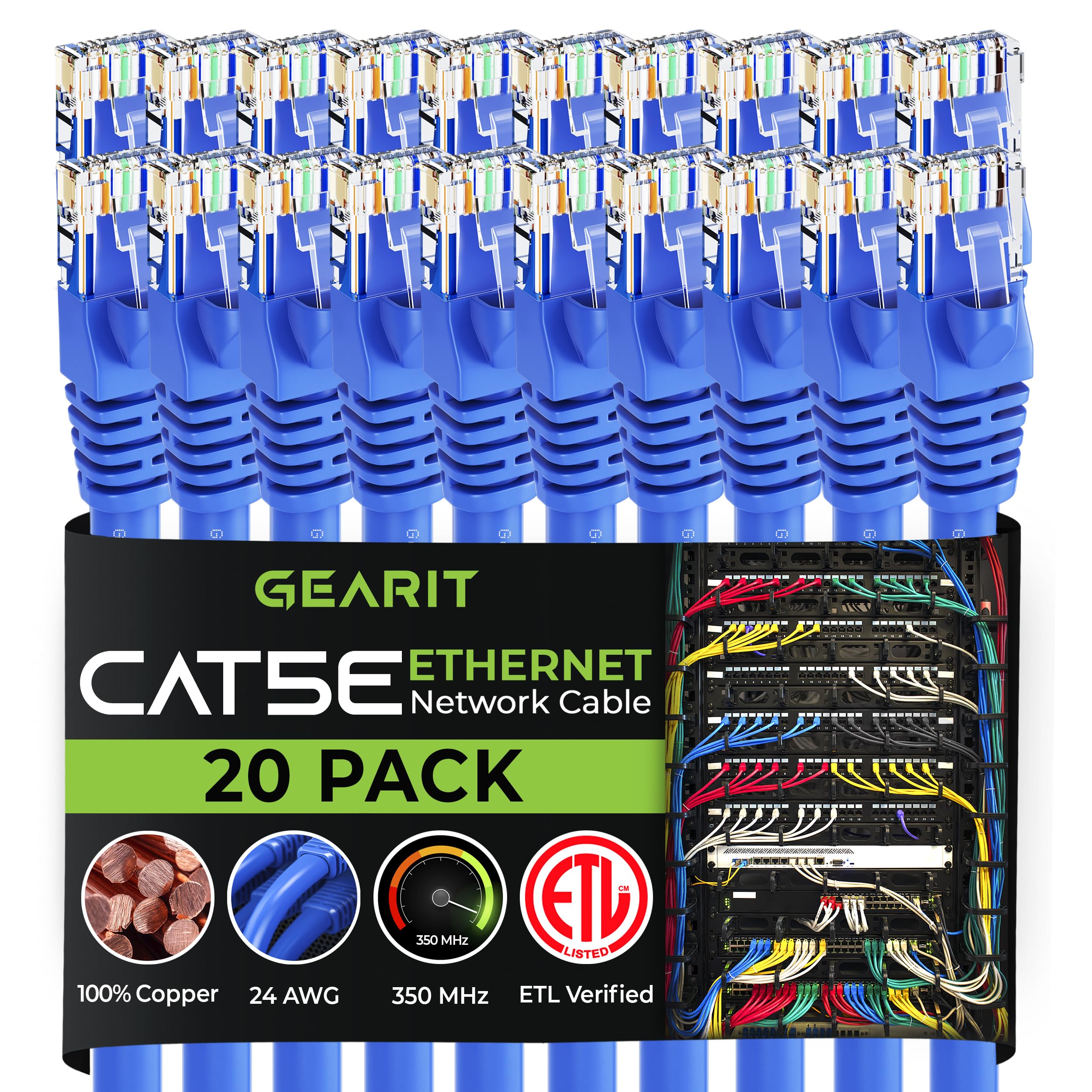 GearIT 20-Pack, Cat5e Ethernet Patch Cable 5 Feet - Snagless RJ45 Computer LAN Network Cord, Blue