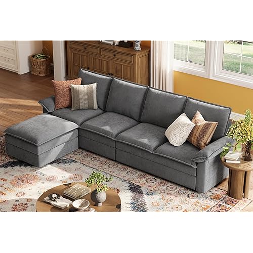 LINSY HOME Modular Cloud Couch, 113" L Shaped Sectional Sofa with Double Layer Cushions and Ottoman, Chenille 4 Seater Sofa Set for Living Room, Apartment, Grey