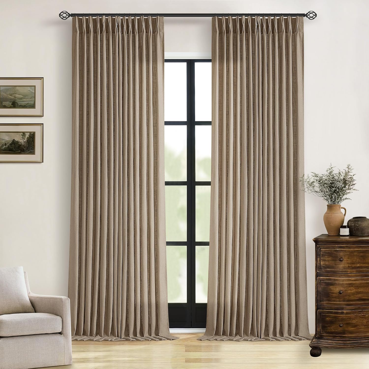 Extra Long Light Brown Linen Curtains 120 Inches Long Tan Brown Coffee Latte Farmhouse Rustic Curtain Light Filtering Semi Sheer Back Tab Pinch Pleat Curtain for Tall Ceiling Living Room 2 Panels Latte 40"W x 120"L (Pack of 2)