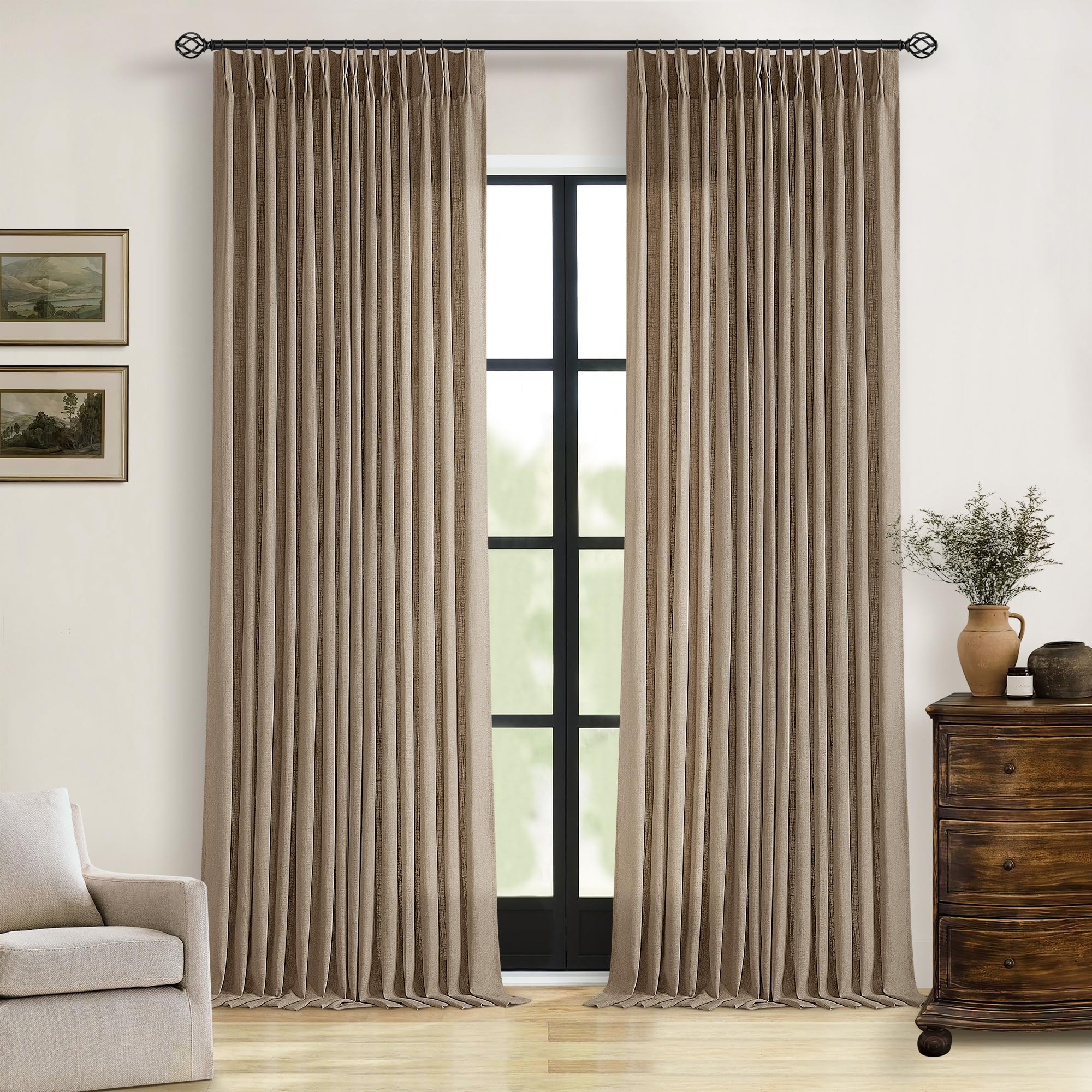 Farmhouse Tan Brown Linen Curtains 102 Inches Long for Living Room Pinch Pleated Drape with Hooks Rings for Track System Light Filtering 102 Inch Curtain for Bedroom Sliding Patio Door 2 Panels