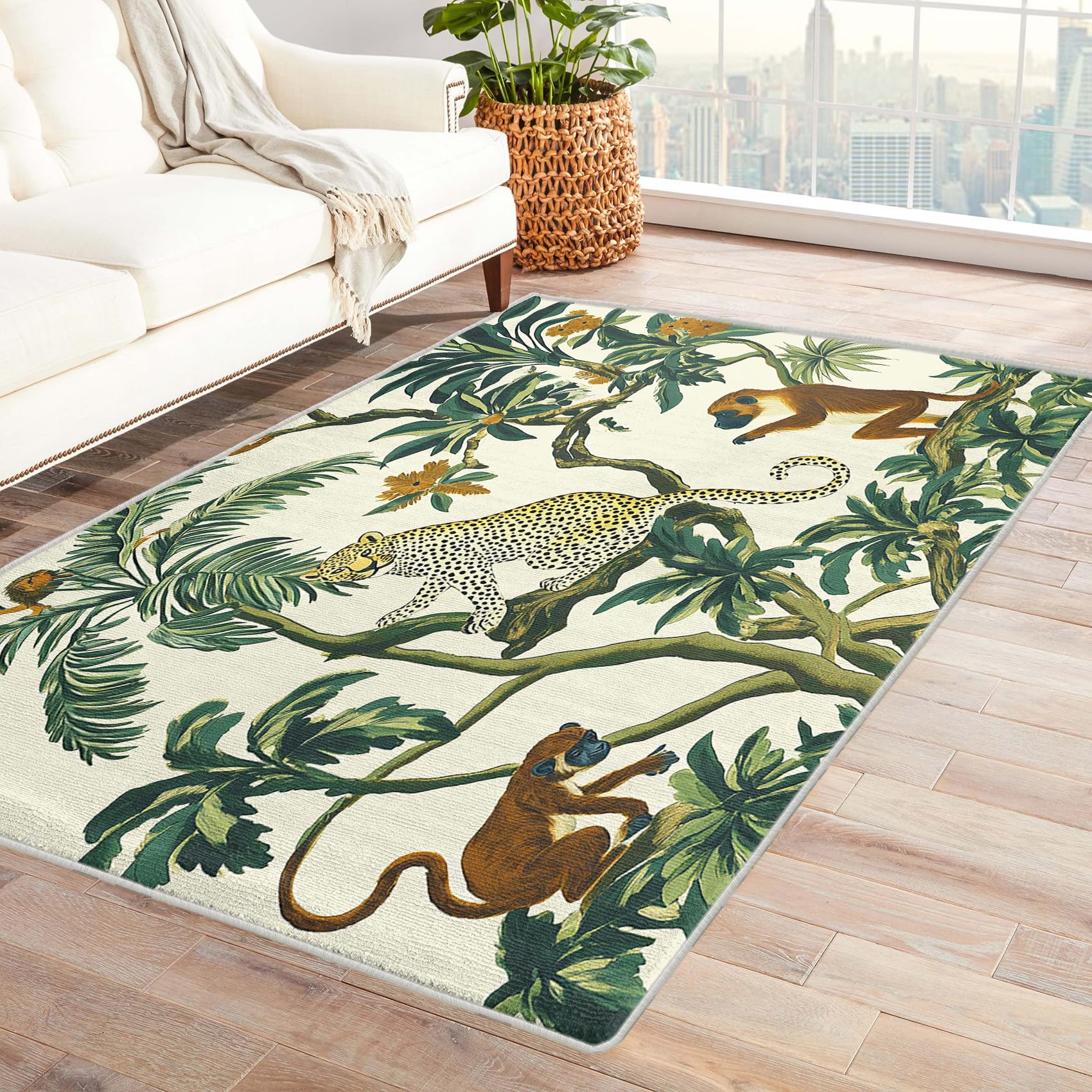 Tropical Jungle Throw Rugs for Entryway 2x3, Palm Tree Wild Animal Pattern Design Indoor Door Mat, Tropical Jungle Bedroom Kitchen Entrance Doormat, Non Slip, Washable (VSG101)