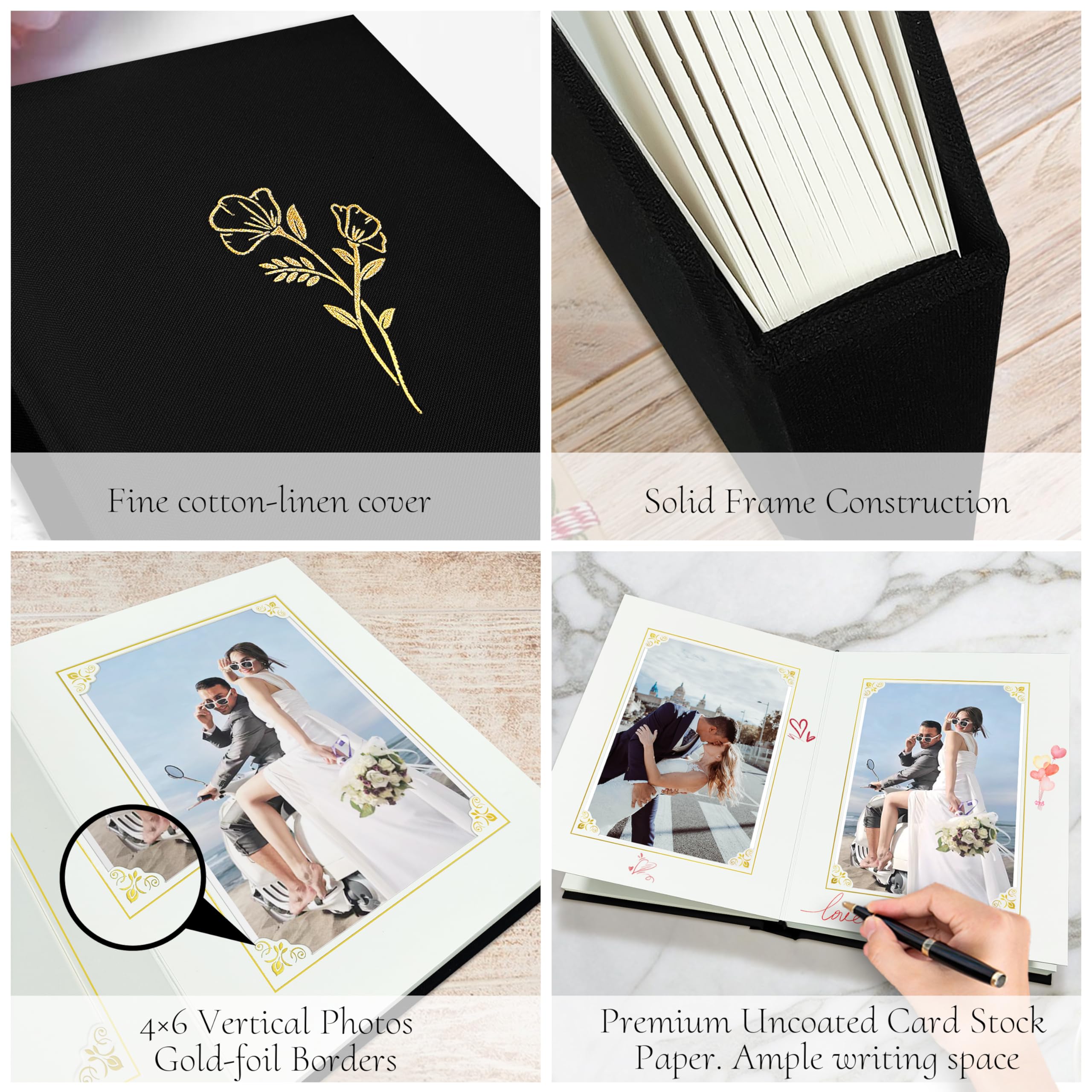 Álbum de fotos pequeño de 4 x 6 pulgadas con espacio para escribir, 20 bolsillos, cubierta de lino, libro de recuerdos, regalo para bodas, familiares y bebés (negro)