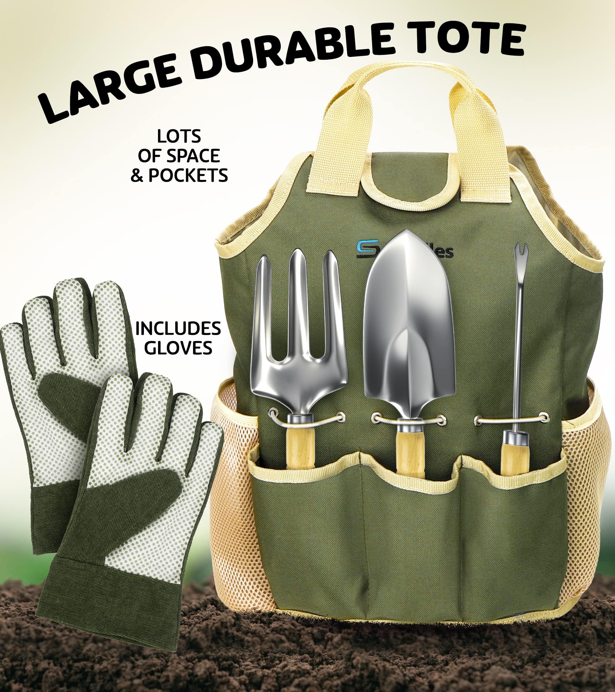Scuddles Juego de 8 Piezas Resistentes con Organizador de Almacenamiento, desbrozador ergonómico de excavación Manual, rastrillo, Pala, Pala, pulverizador, Guantes de Regalo para Hombres y Mujeres