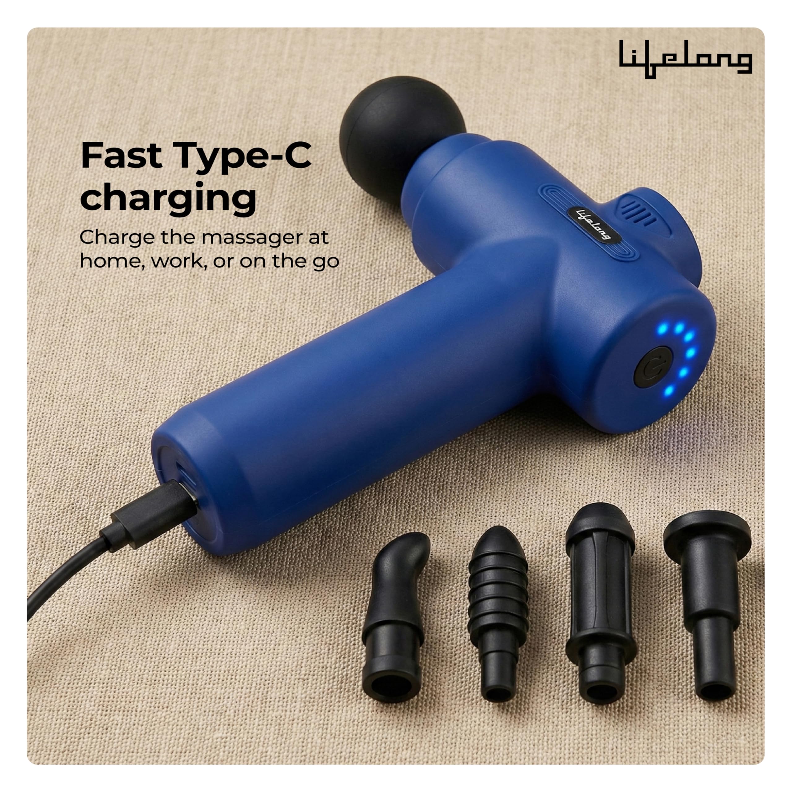 Lifelong Percussion Massage Gun | Full Body Massager for Pain Relief | Rechargeable Cordless Deep Tissue Massage Machine | 7 Specialised Heads for Use at Gym, Home & During Travel Product Image 6