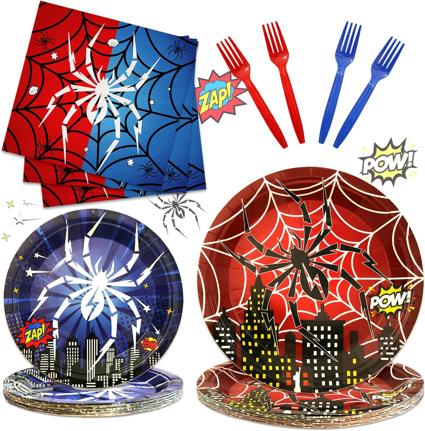 64Pcs Spider Party Tableware Supplies Including 32 Pcs Plates, 16 Pcs Forks and 16 Pcs Napkins, Superhero Theme Party Birthday Decorations