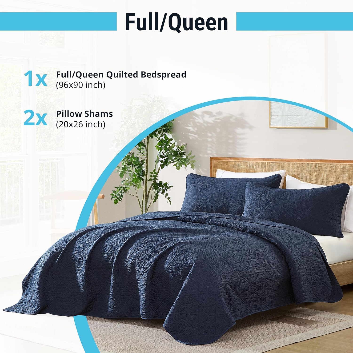 HLC.ME Lorenzo - 3 Piece Full Queen Size Quilt Set, Lightweight Queen Bedspread Coverlet Set (Full/Queen, Navy Blue) - Image 3