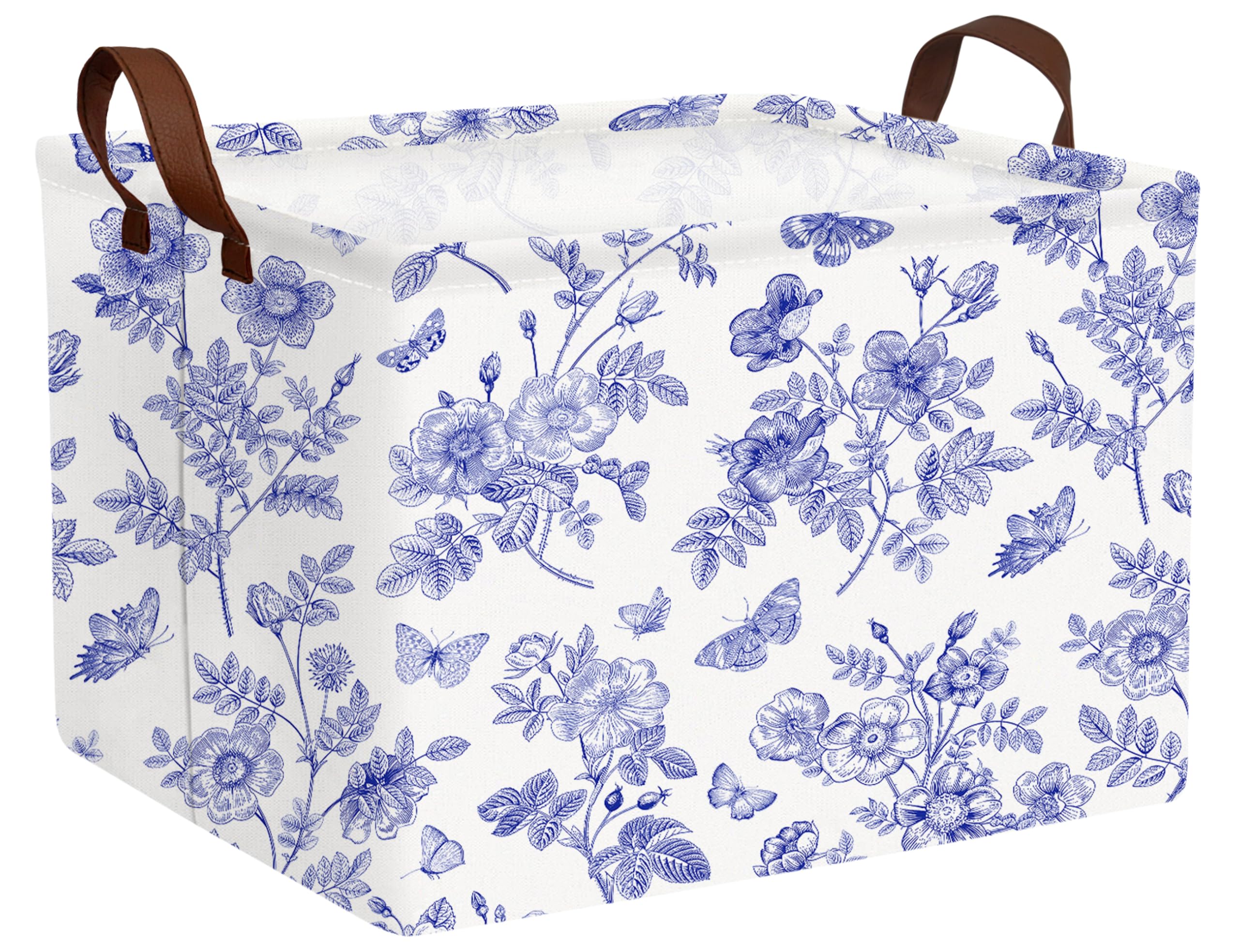 BOOHIT Large Blue Chinoiserie Willow Butterfly Decor Basket Collapsible Storage Bin (Floral)