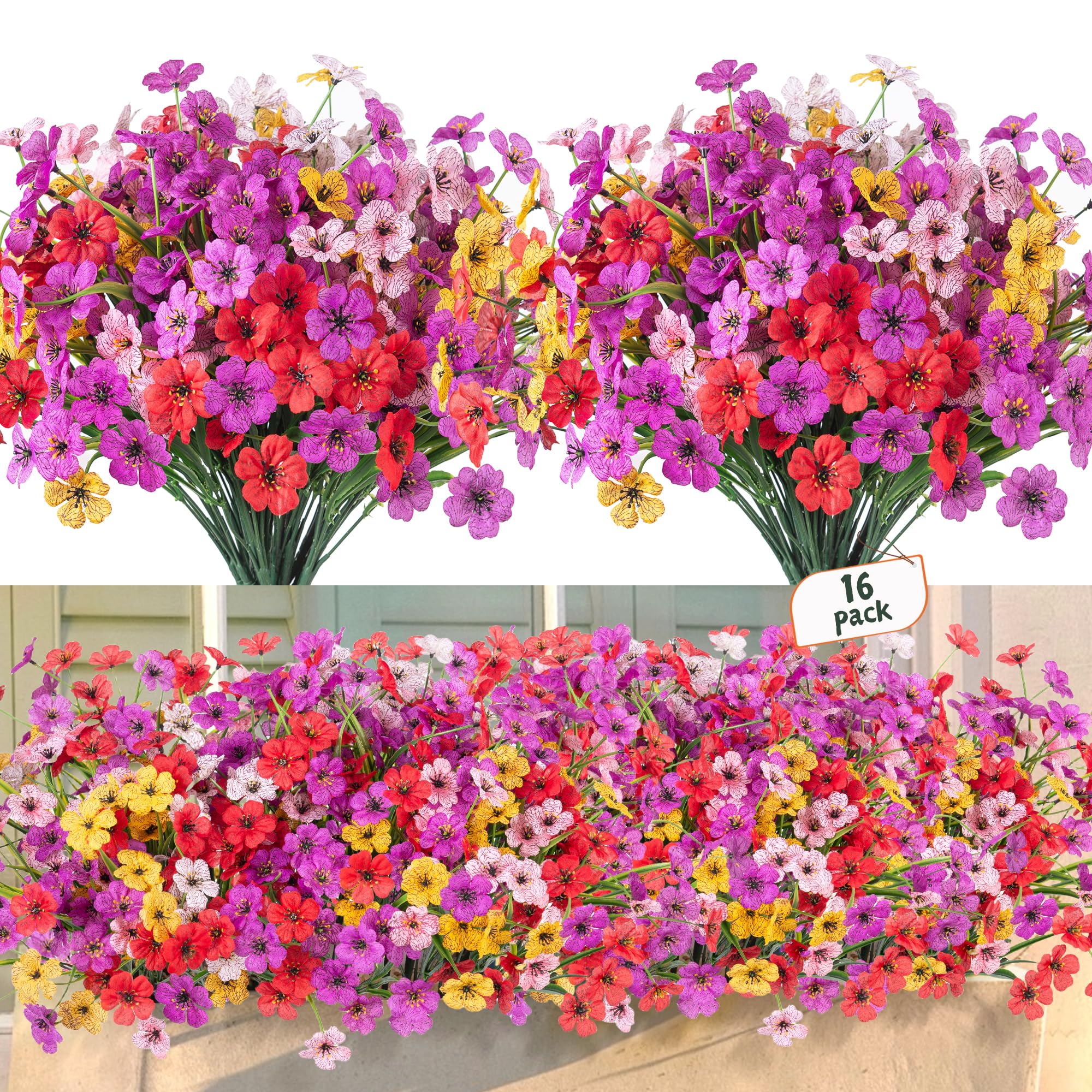 Ammyoo 16 Pcs Artificial Fake Flowers for Outdoor Spring Decoration, Faux Silk Daisy Flowers No Fade UV Resistant Plants for Outdoor Planters Garden Yard Porch Patio Balcony Pathway Decor (Mix)