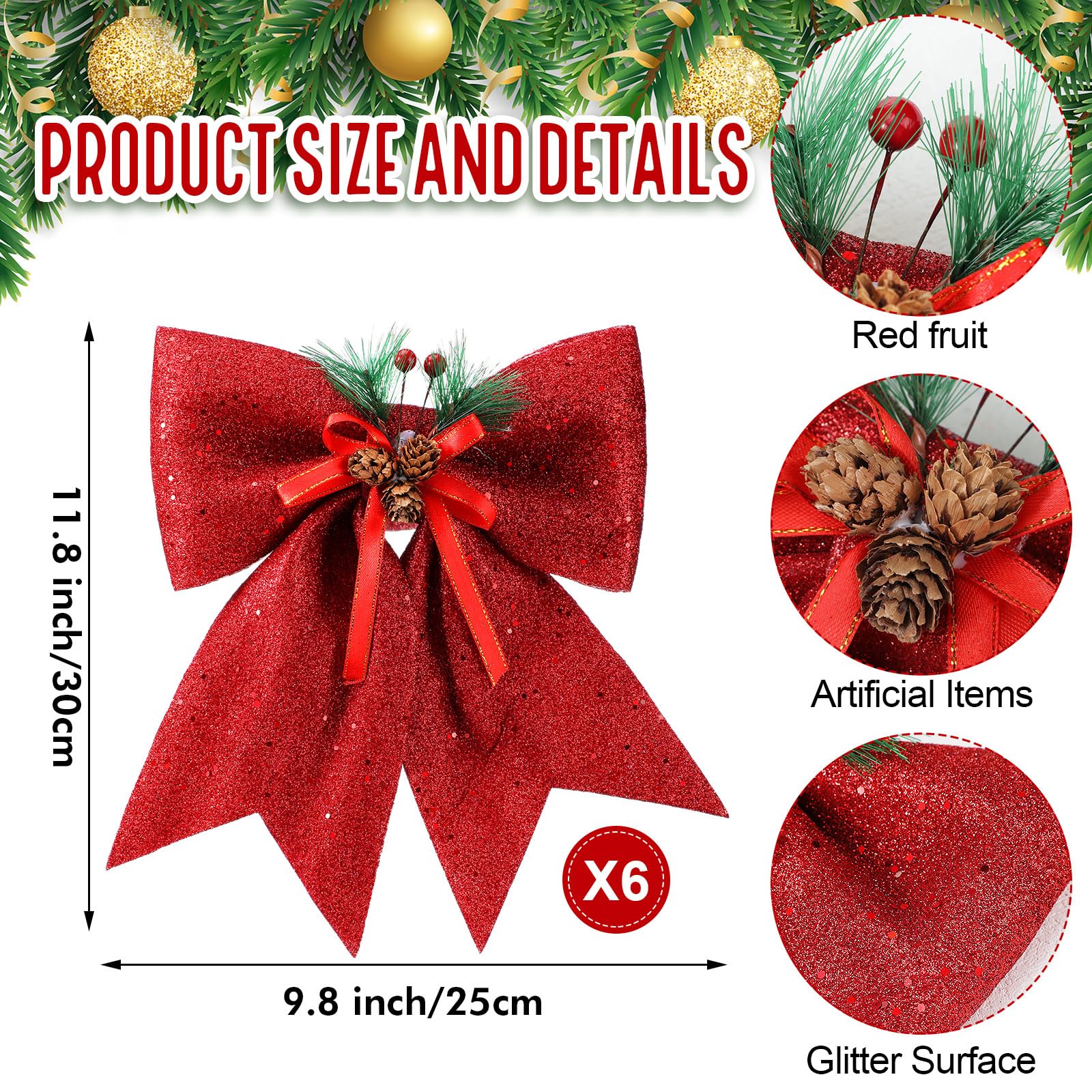 Motionchic 6 Pcs Christmas Bows - Large Glitter Christmas Decorative Wreaths Bows Xmas Tree Topper with Pine Cone for Holiday Party Indoor Outdoor Decor(11 Inch, Red)