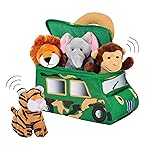 Bundaloo Plush Jungle Animals Set with Realistic Sound - Soft Stuffed Animal Toys with Safari Truck Carrier - Mini Tiger, Lion, Monkey, and Elephant