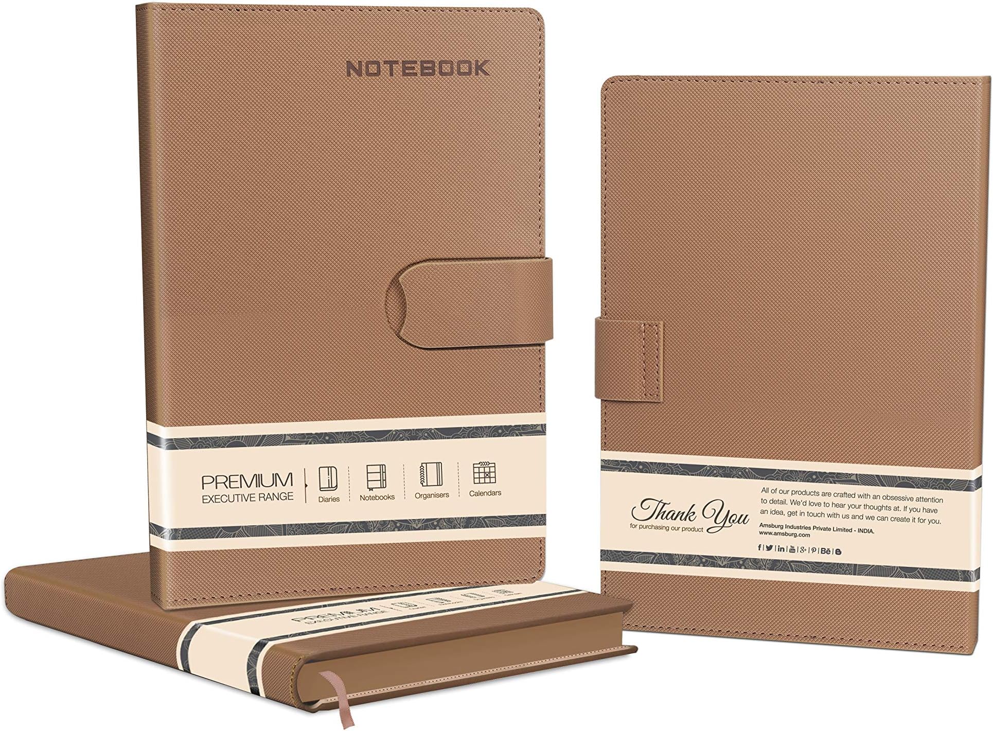 Amsburg Premium PU Leather Hidden Magnet Button Journal Notebook Diary (Golden Cream)