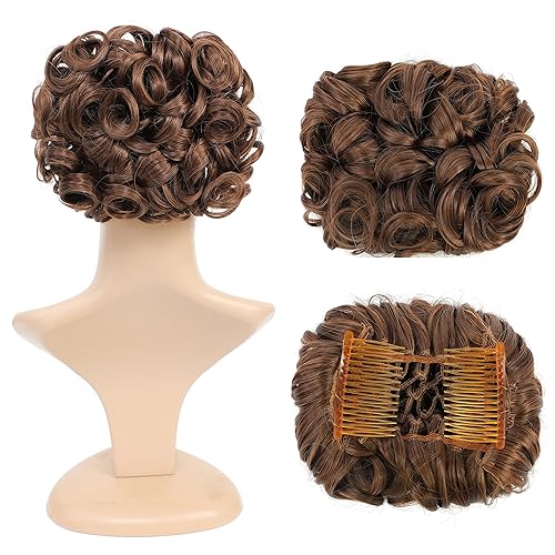 SWACC - Cabello corto y rizado desordenado Extensión de moño Peines de pelo de estiramiento fácil Clip en extensión de cola de caballo Bandeja de