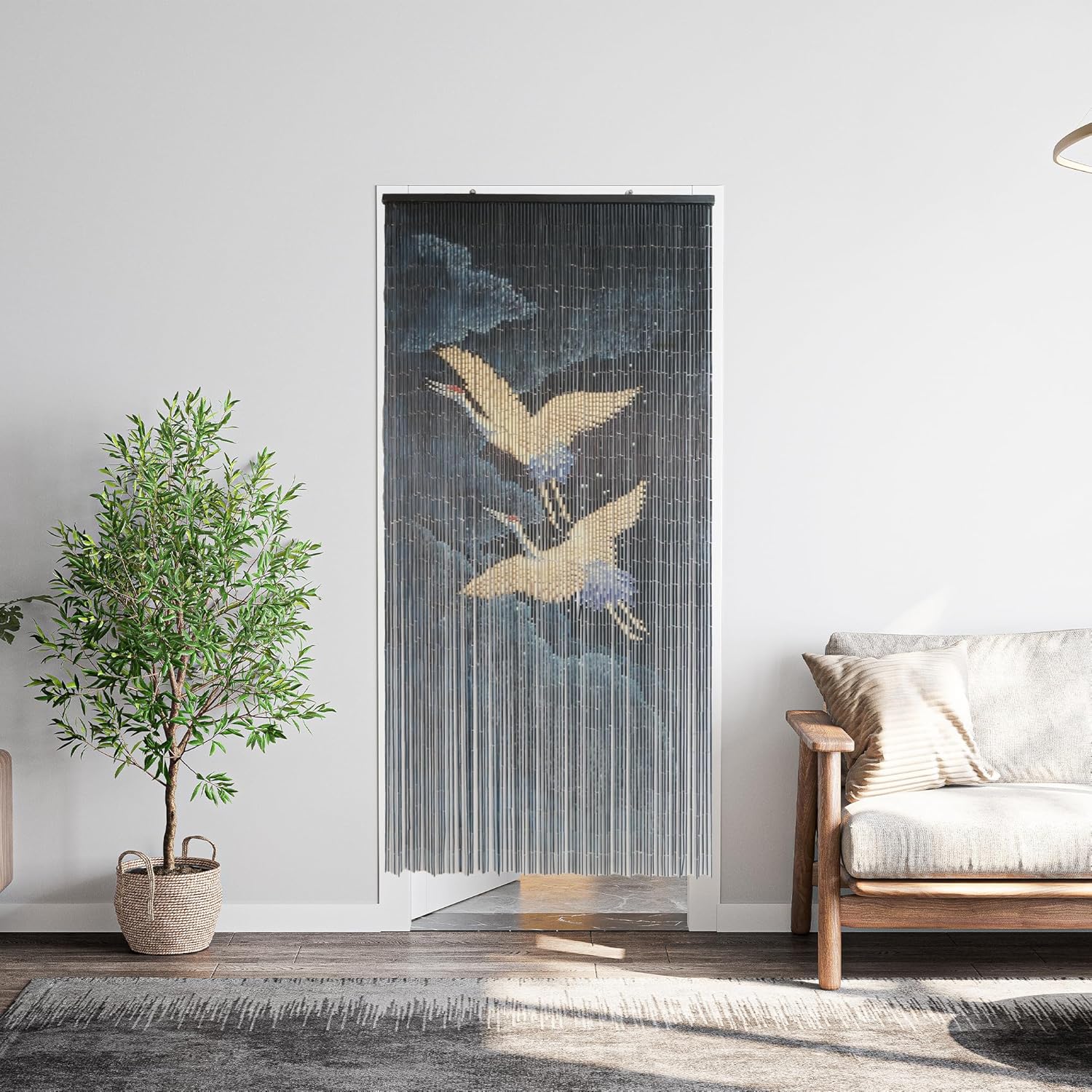 Vietbud Décor Flying Cranes at Night Beaded Curtains for Doorways, Decorative Room, Natural Vietnamese Craft, Indoor Hanging Bamboo Blinds, Sturdy Hook, Easy to Clean, 35.43 x 78.74 Inches