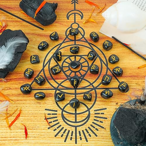 Miniatura 2 de FASHIONZAADI Obsidiana negra - Runas - Piedras de runa Wiccan - Juego de runas - Juego de runas - Místico de runas - Kit de runas - Decoración de