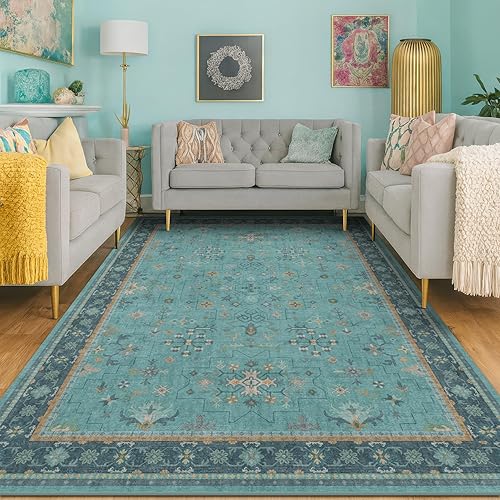 Miniatura 84 de Alfombra de Pasillo de Baño Lavable Oushak 2x5 - Floral Pastel Bohemio Ecléctico, Alfombra Pequeña Antideslizante de Pelo Bajo Resistente a Manchas