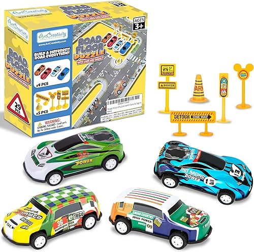 Miniatura 7 de ArtCreativity Pista de rompecabezas de carretera para niños, juego de 29 piezas con 4 autos de rompecabezas de piso, 5 accesorios de tráfico y 20