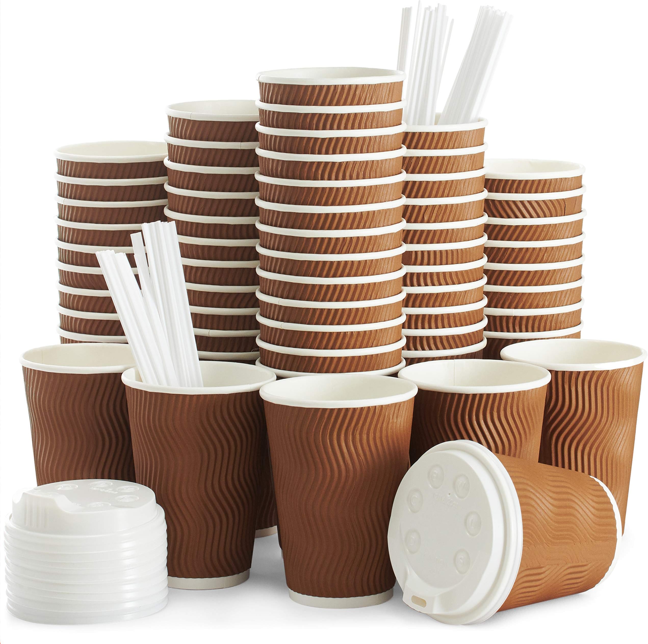 Insulated Disposable Coffee Cups with Lids & Straws 12 oz, 100 Packs - Paper Cups for Hot Beverage Drinks To Go Tea Coffee Home Office Car Coffee Shop Party (Brown)