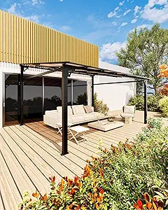 12'x 16' Lean to Gazebo, Hardtop Wall Pergola with Polycarbonate Roof, Aluminum Frame Slant Mounted Gazebo for Lawn Patio Deck Yard and Party