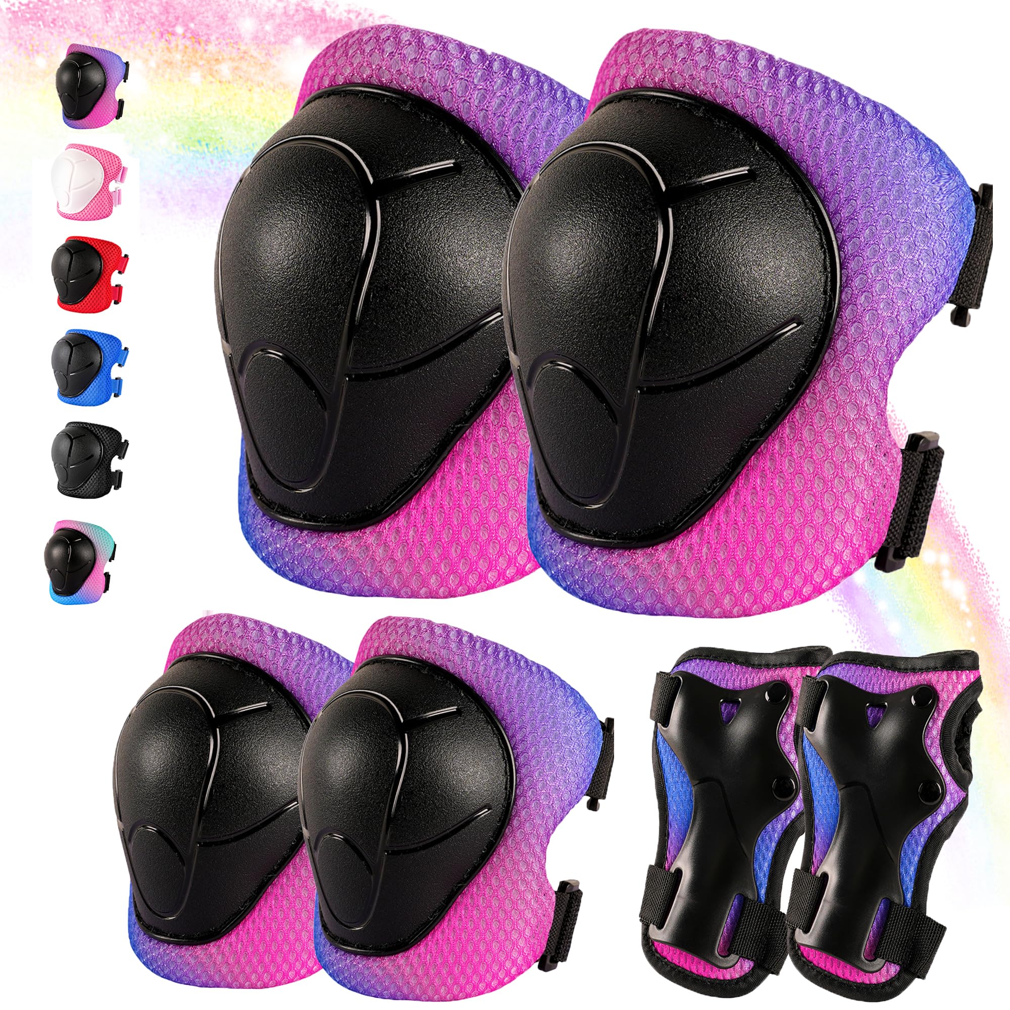 Knee Pads for Kids 3-14 Years Toddler Knee and Elbow Pads with Wrist Guards 3 in 1 for Bicycle Scooter Roller Skates Skateboarding (Purplepinkblue, Small)