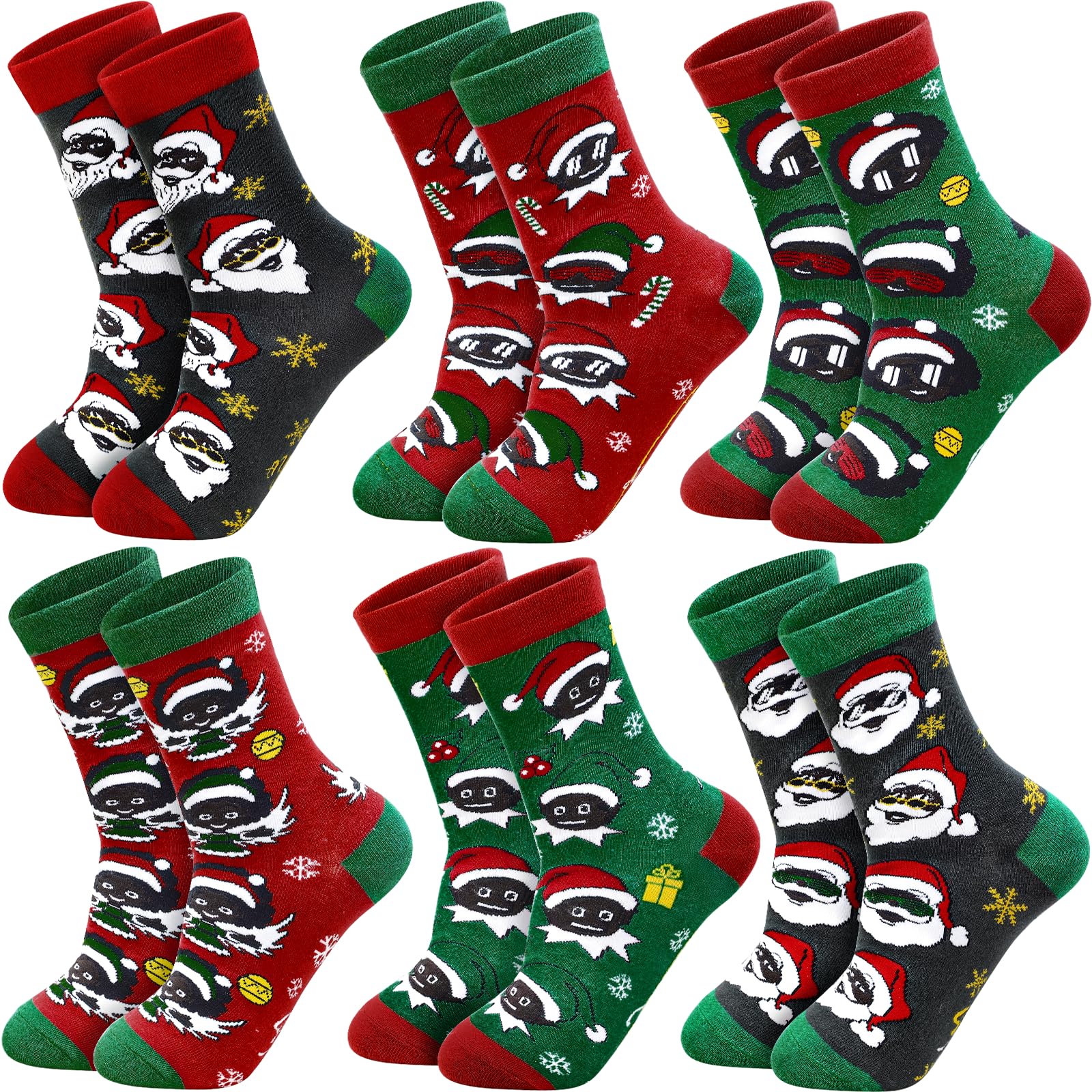 6 Pairs Black Santa Christmas Socks, Novelty African American Santa Crew Socks, Funny Black Santa & Elf Fairy Christmas Socks for Christmas Stocking Stuffers Gifts