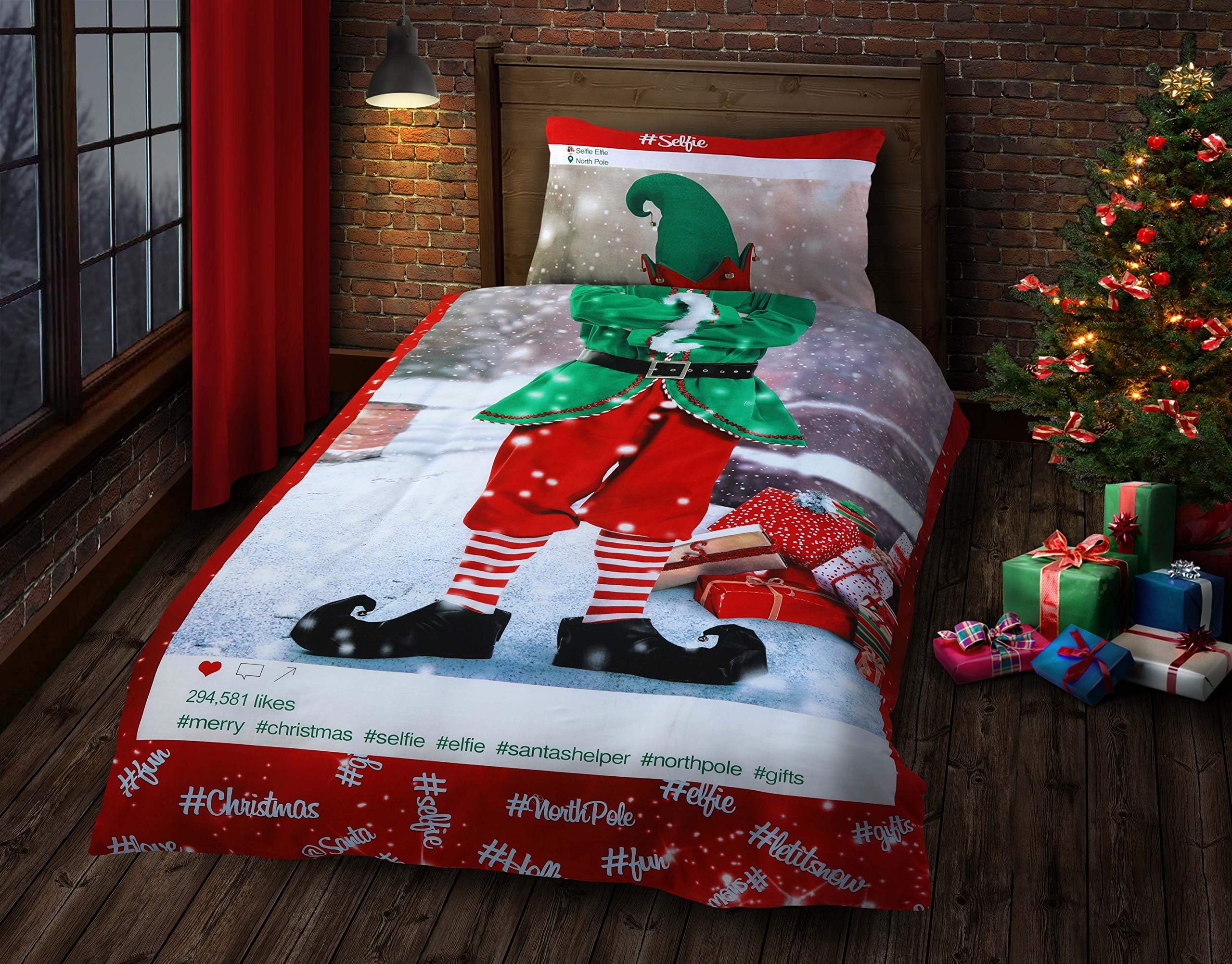 New Insta Selfie Elfie Christmas Fun Bedding Set/Duvet Cover Set His/Her Designer Quilt Cover Set (Single Elf (His))